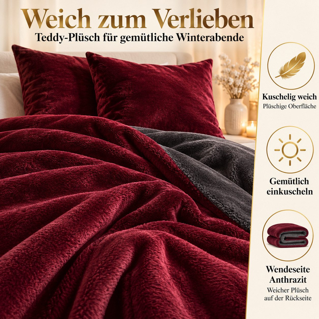 Leonado Vicenti Bettwäsche Winter Teddy Plüsch Cashmere Touch, Fleece, 2 teilig, flauschig warmes Nicky-Teddy-Plüsch, Einfarbig – Bild 5 von 5
