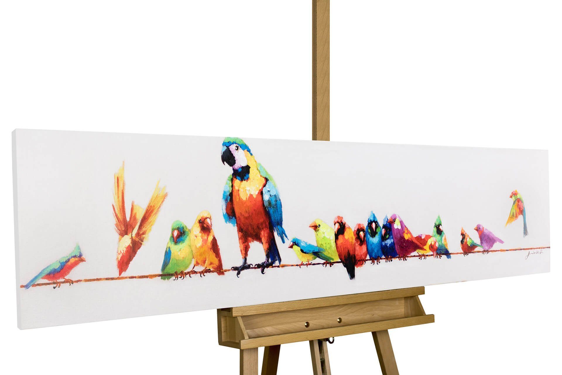 KUNSTLOFT Leinwandbild 100% Wandbild Gemälde cm, HANDGEMALT Paradiesvögel Wohnzimmer 150x30