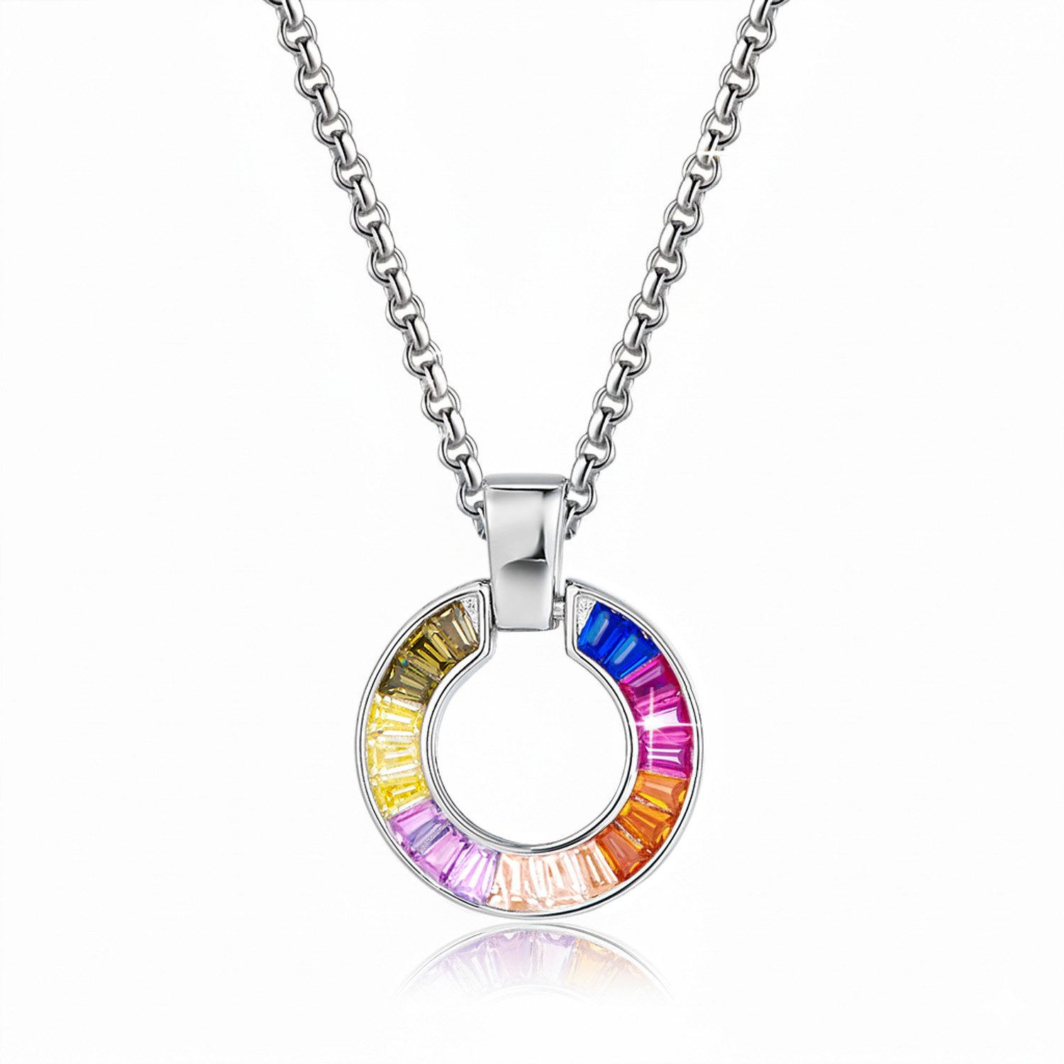 Kette mit Anhänger Silber 925 rhodiniert bunter Zirkonia Kreis Anhänger rund Silberkette