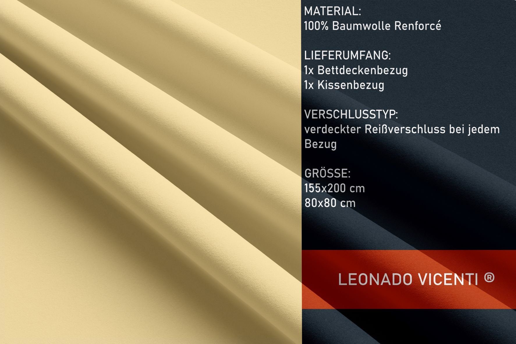 Leonado Vicenti Bettwäsche Baumwolle 135x200, 155x200, 155x220, 200x200, 200x220 oder 240x220, Renforcé, 2 teilig, Einfarbig mit Reißverschluss – Bild 4 von 5