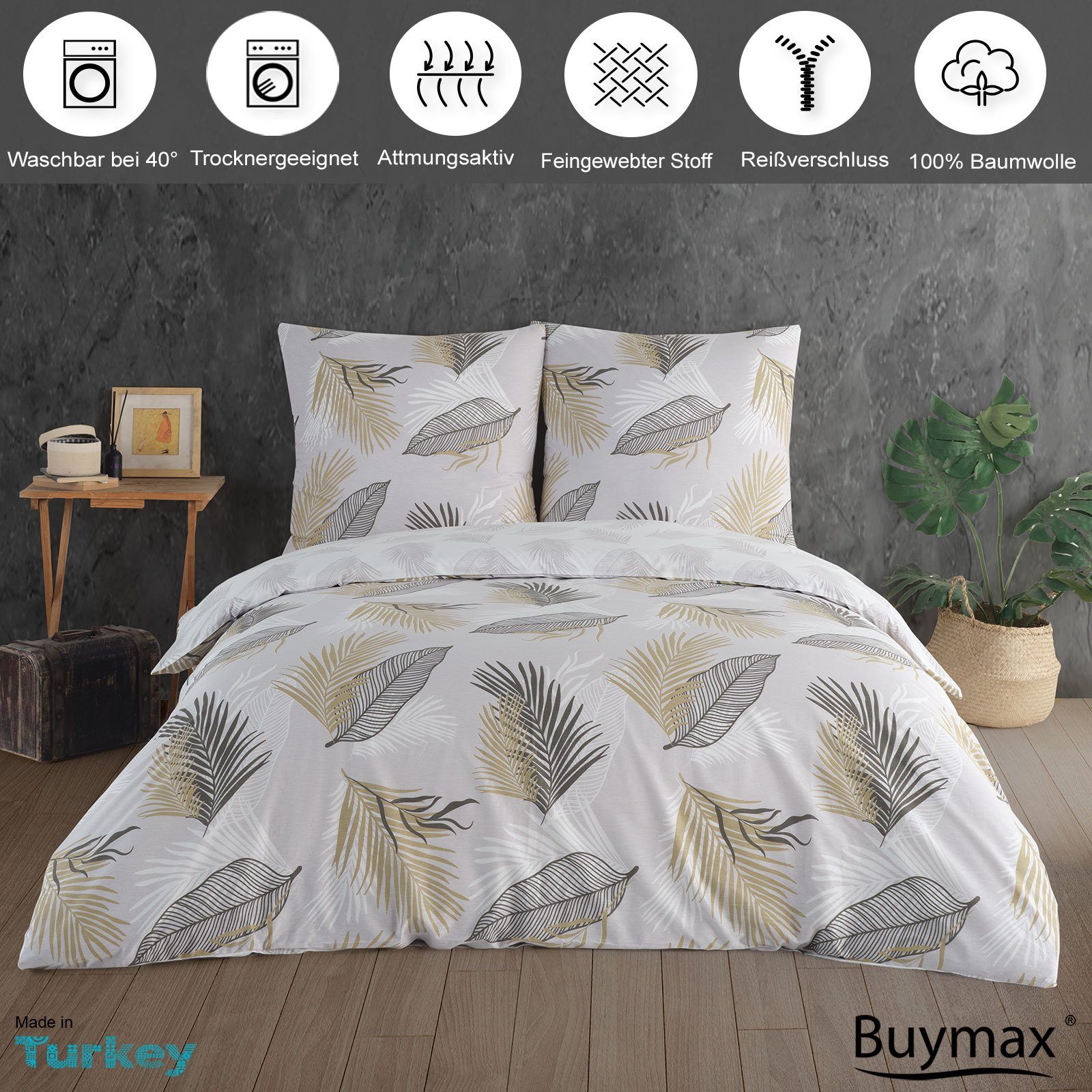 Buymax Bettwäsche Willow, Renforcé: 100% Baumwolle, 4 teilig, Premium 100% Baumwolle Bettbezug-Set 135x200 cm mit Reißverschluss