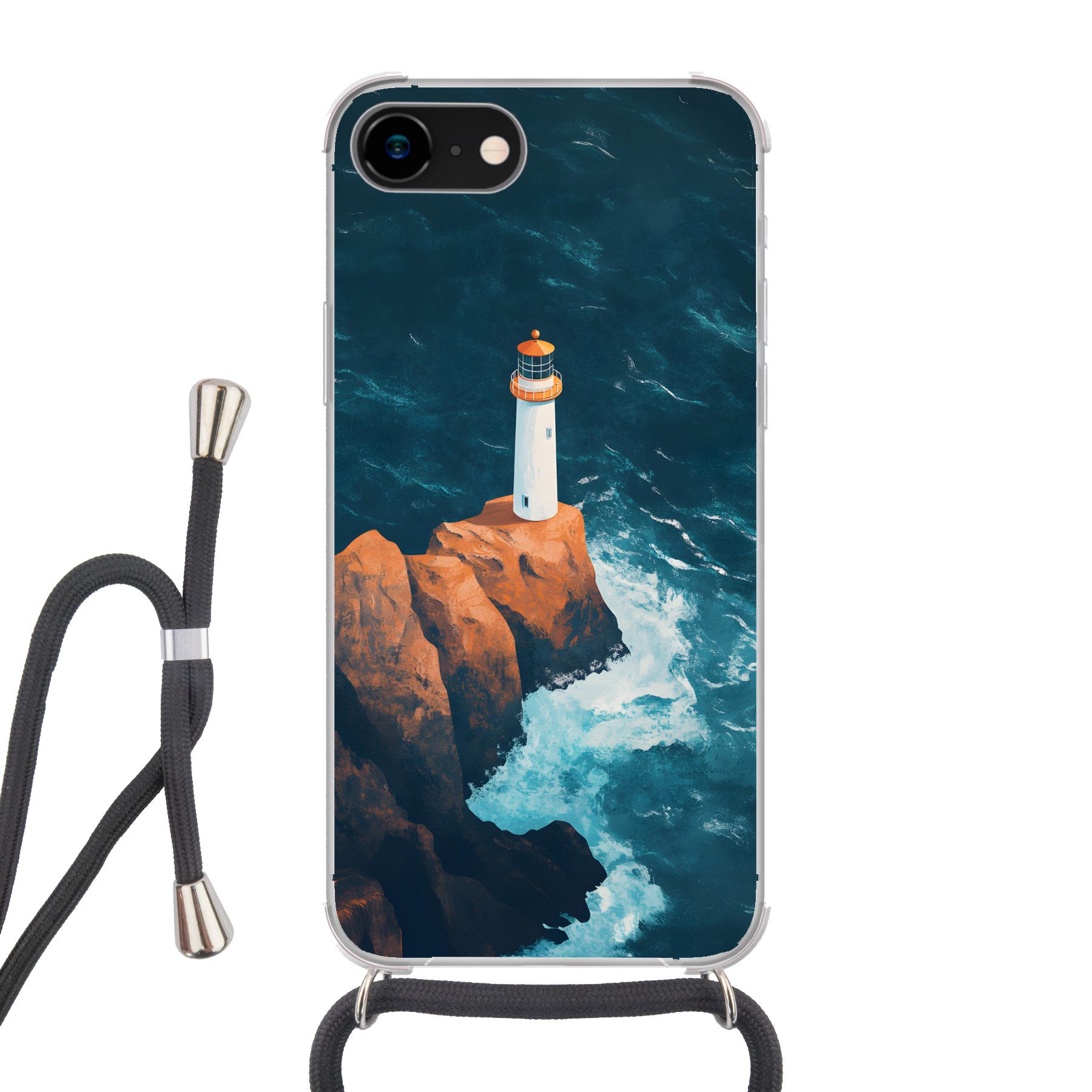 MuchoWow Handyhülle für Apple iPhone 8 Leuchtturm - Felsen - Meer - Wellen, Tragbare Handyhüllen mit Kette zum umhängen, Handykette Handyband