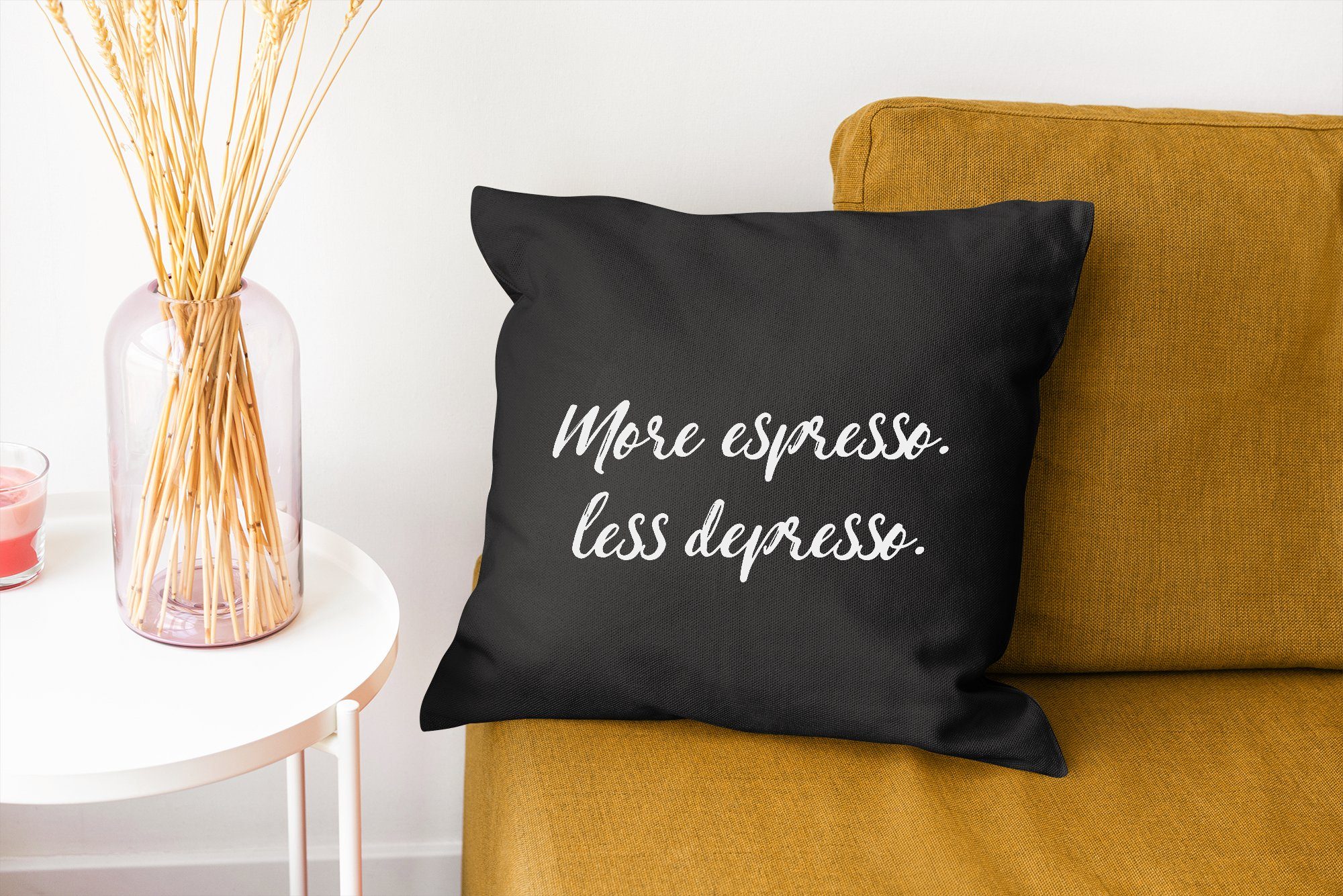 MuchoWow Dekokissen Zitate Mehr Sprichwörter weniger Depresso Sofakissen Deko, - -, - für Espresso - Kaffee mit Wohzimmer, Füllung Zierkissen Schlafzimmer