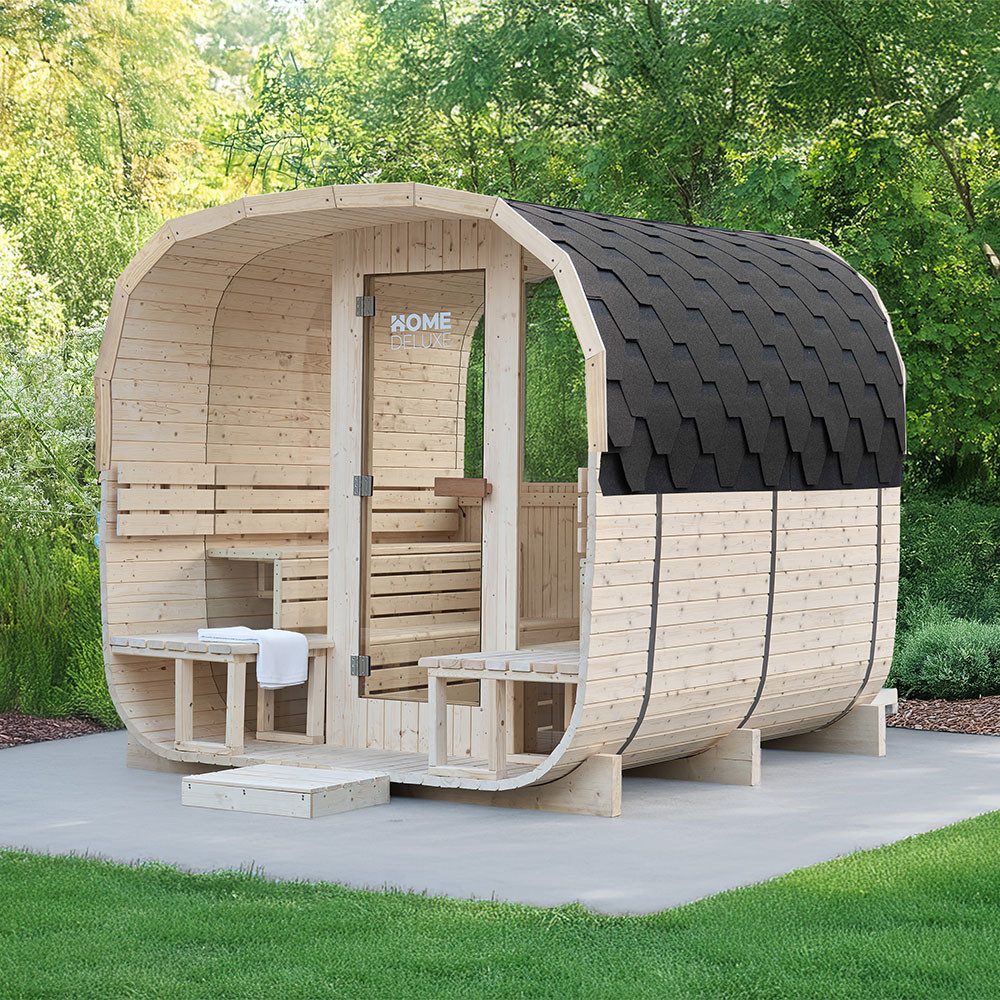 HOME DELUXE Saunahaus Gartensauna HYGGE DELUXE, BxTxH: 230 x 260 x 220 cm, 380 mm, für 4-6 Personen, inkl. 10,5 kW Saunaofen, Fasssauna, Outdoorsauna