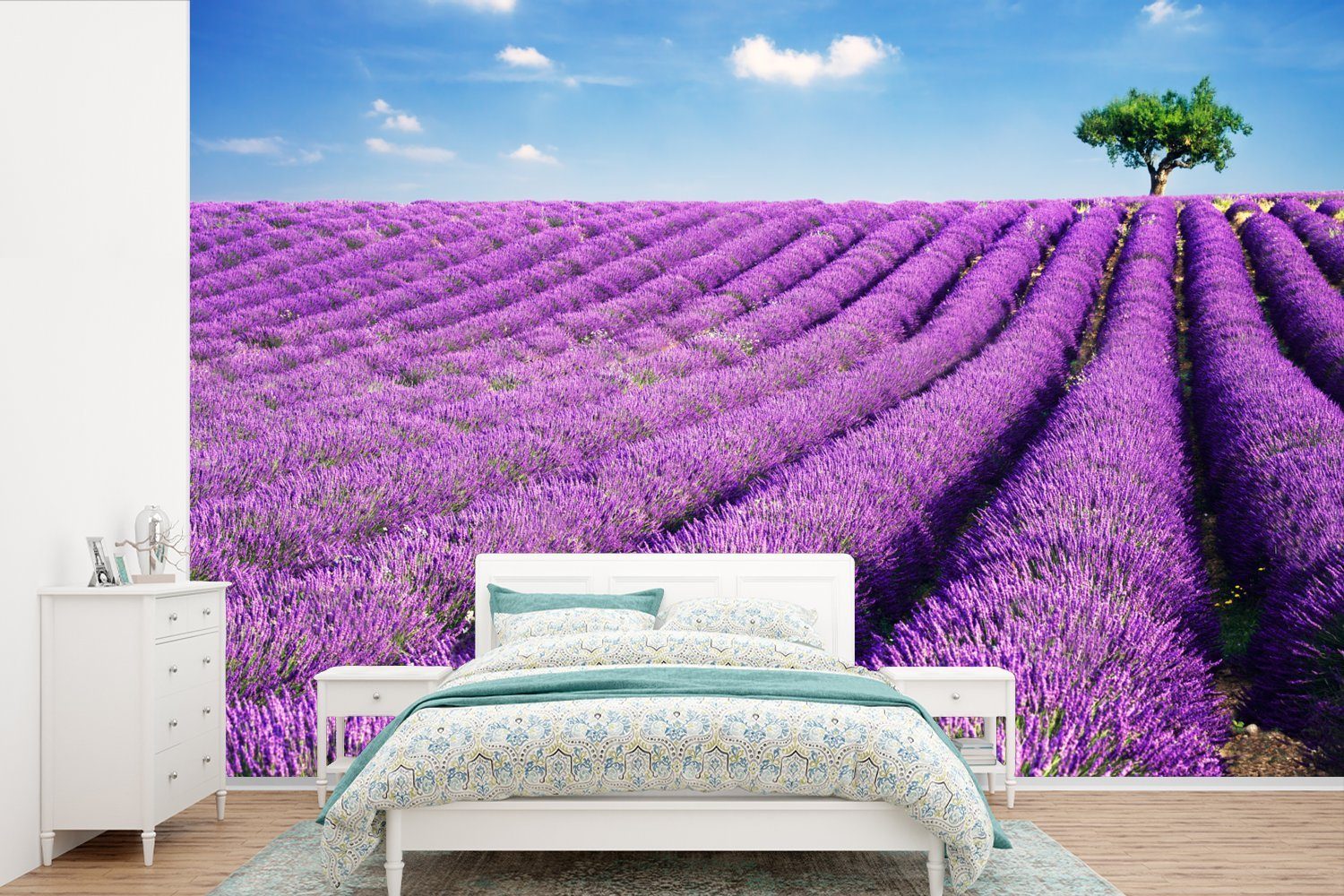 MuchoWow Fototapete Rollende Lavendelhügel mit einem Baum, Matt, bedruckt, (6 St), Wallpaper für Wohnzimmer, Schlafzimmer, Kinderzimmer, Vinyl Tapete | Fototapeten