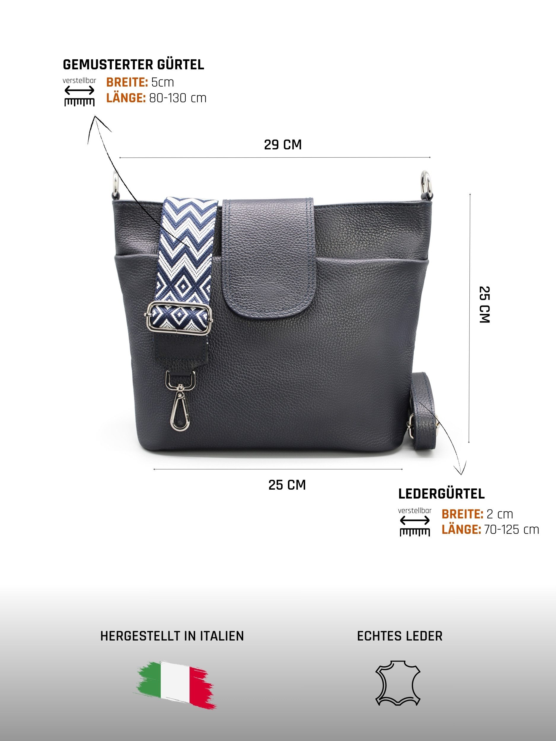 Adel Bags Schultertasche SARA Umhängetasche für Damen, Schultertasche aus Echtleder, 20 Farboptionen, Hergestellt in Italien, mit 2 Riemen