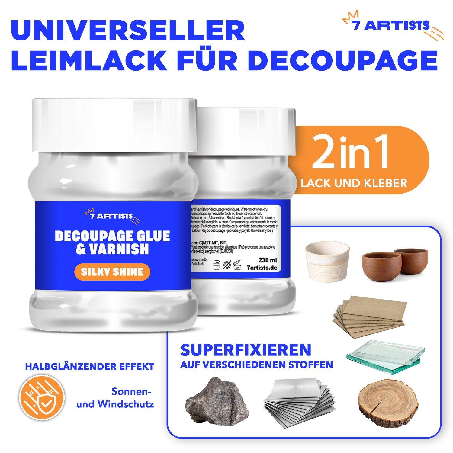 7 Artists Bastelkleber Decoupage Kleber Lack Wasserfest 230 ml, Half Glossy und Matt, Decoupage Kleber + Lack