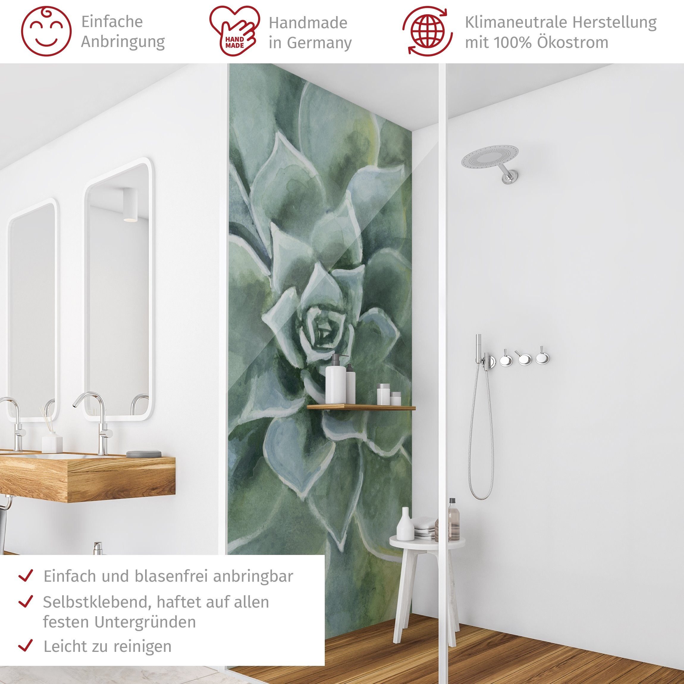 Thumbnail - Bilderdepot24 Badrückwand Aquarell grün Duschrückwand ohne Bohren Dusche Tropisch, (1-tlg., Hart-Folie Smart matt 0,35 m...
