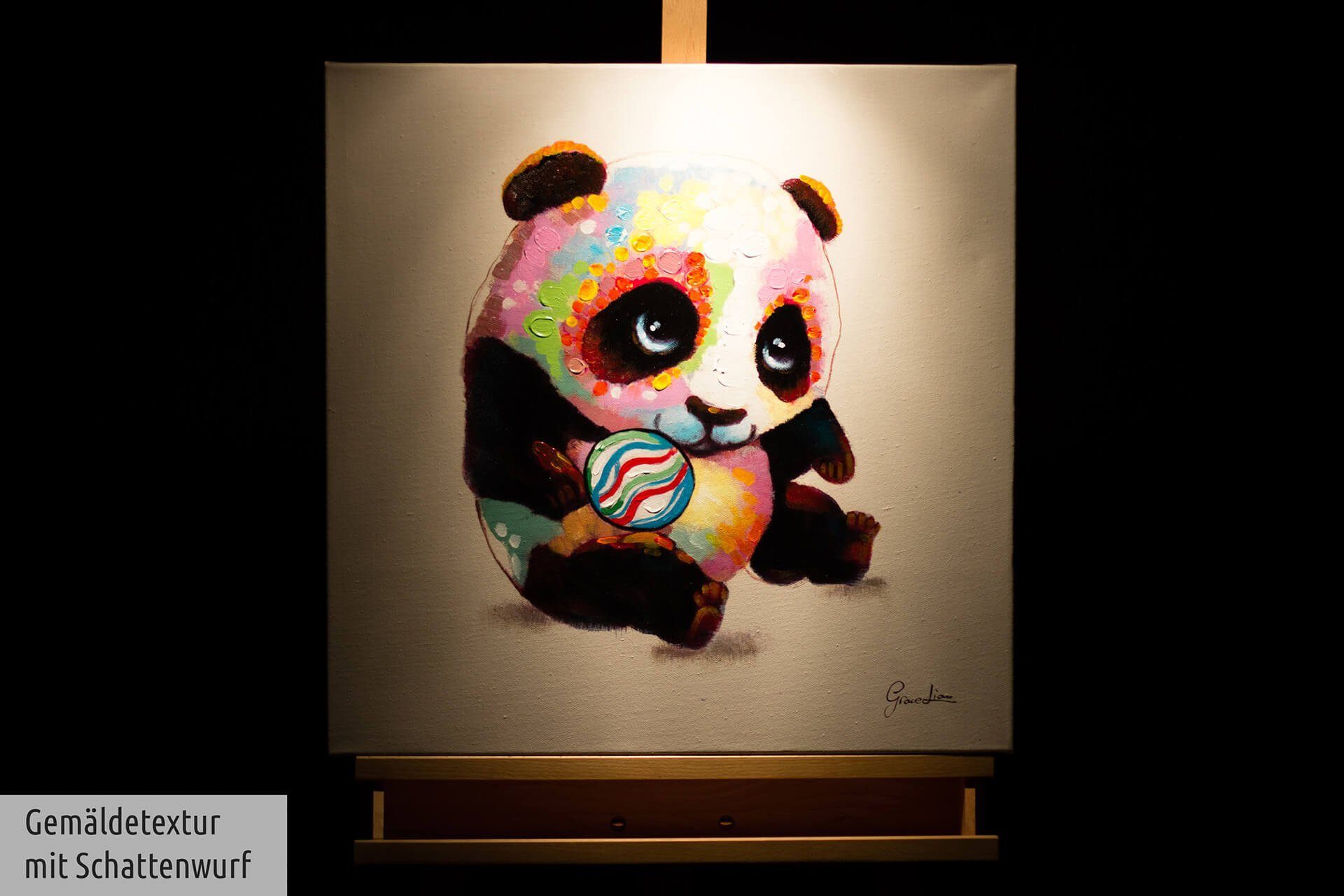 Panda Spielender Wohnzimmer Wandbild Leinwandbild 100% HANDGEMALT 60x60 Gemälde cm, KUNSTLOFT