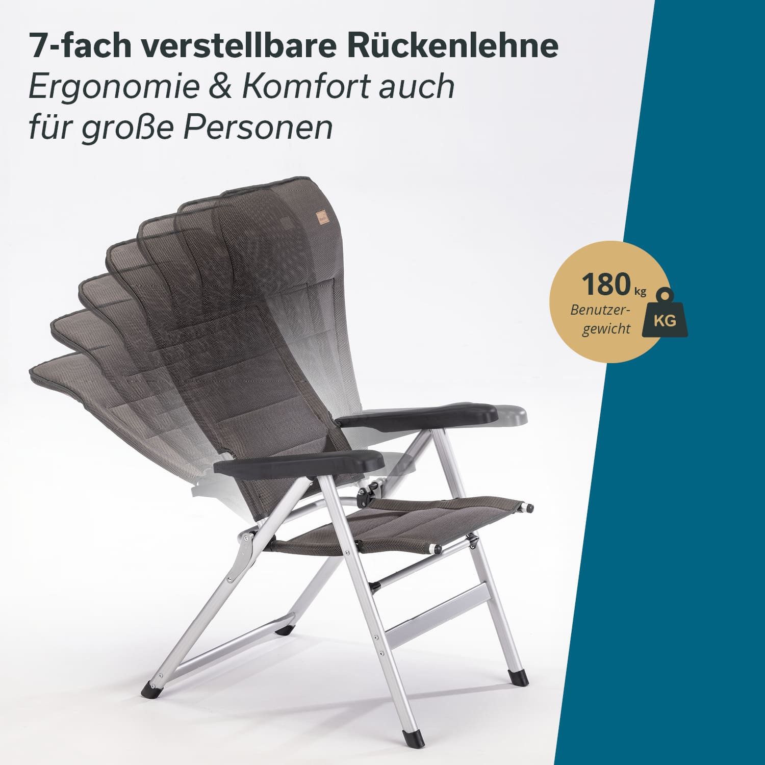 Skandika Campingstuhl Alu-Hochlehner Lepola, Gartenstuhl faltbar, klappbar aus Aluminium (Anti-Rutsch-Füße, bis 180 kg), 7-Fach verstellbare Rückenlehne, gepolstert, hohe Lehne, Kopfstütze