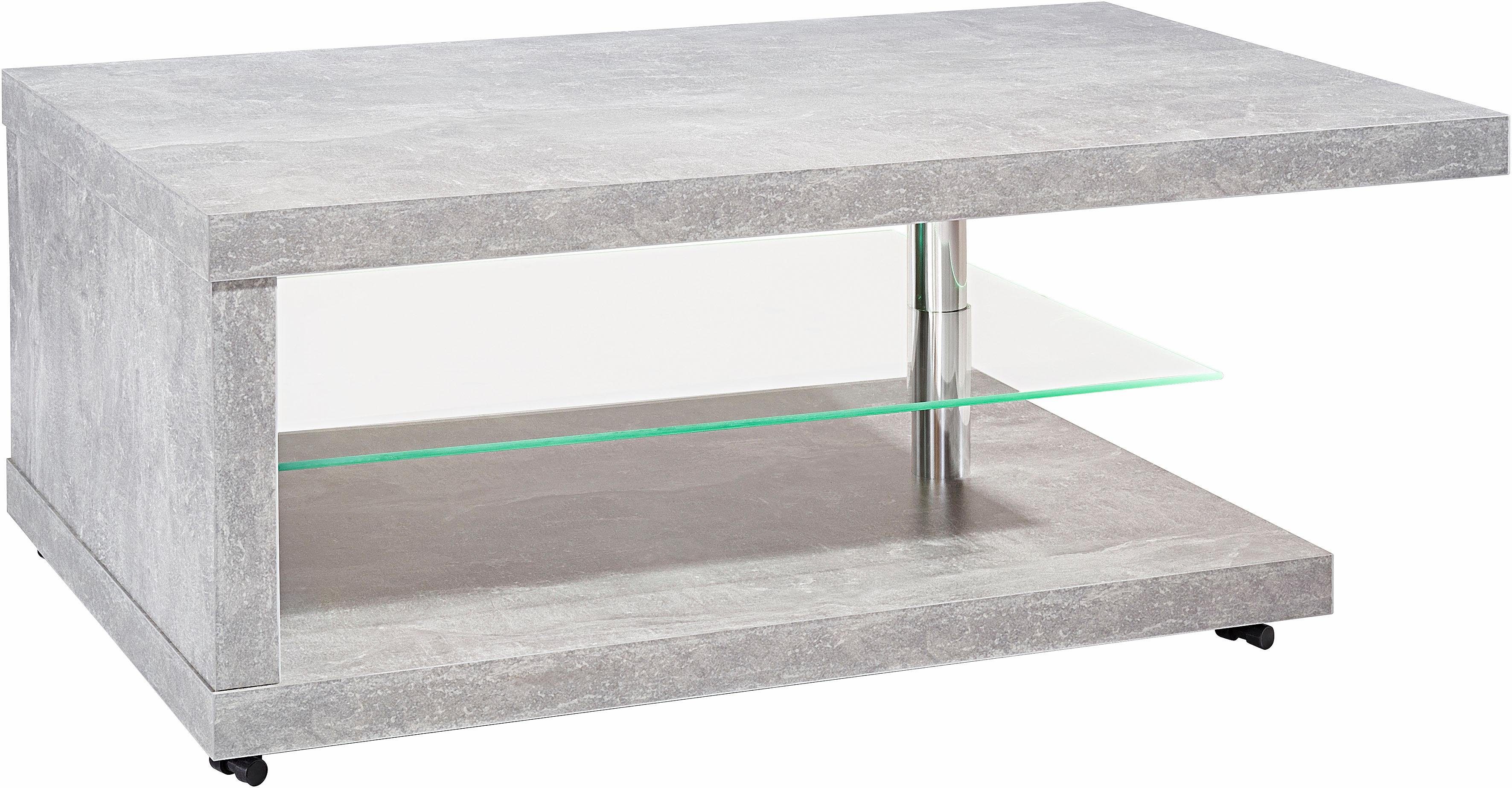 PRO betonoptik Couchtisch, Glas, mit aus aus Holz, Line Ablageboden Rollen, mit rechteckig