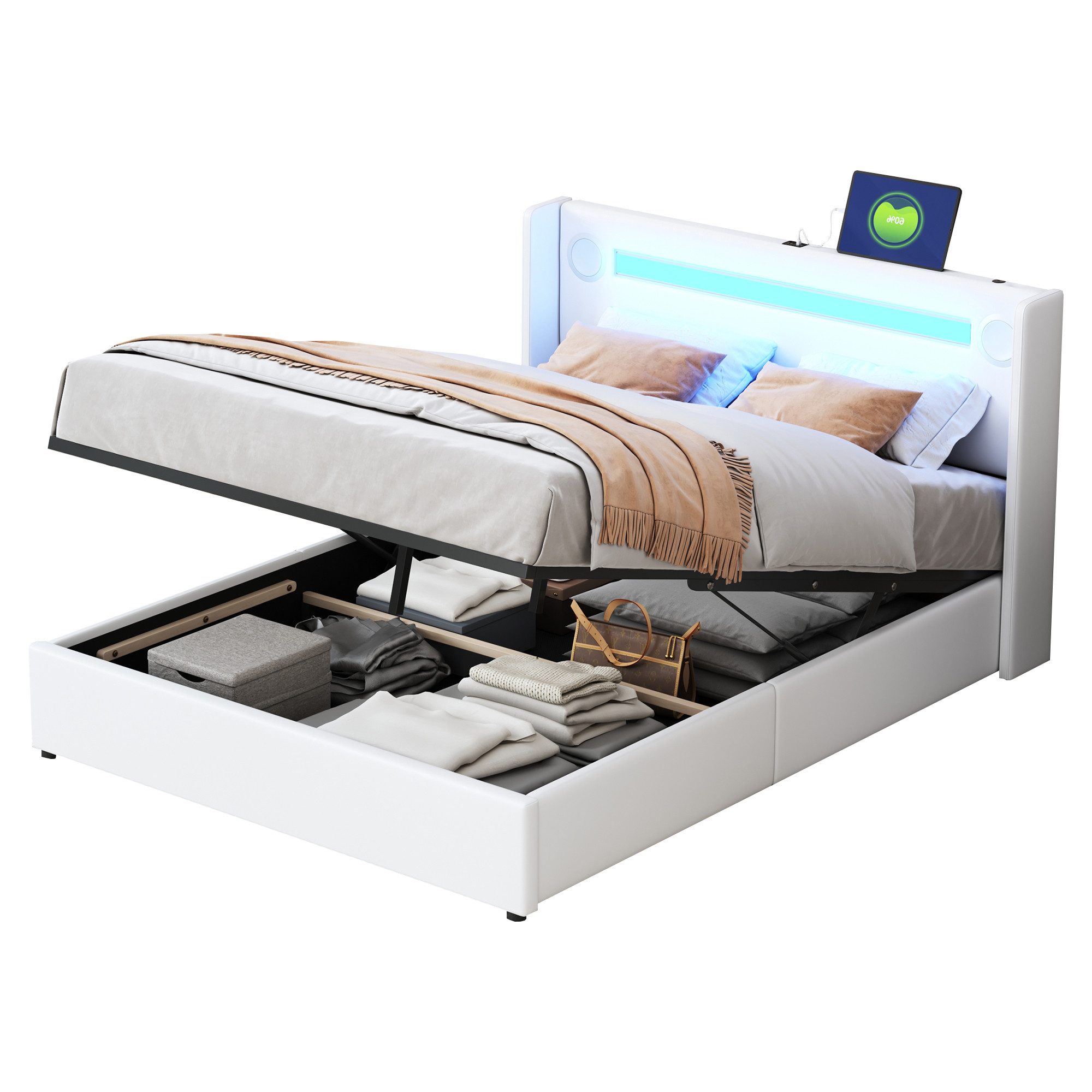 Flieks Polsterbett, LED Beleuchtung/Bluetooth/USB-Aufladen Doppelbett 140x2 günstig online kaufen
