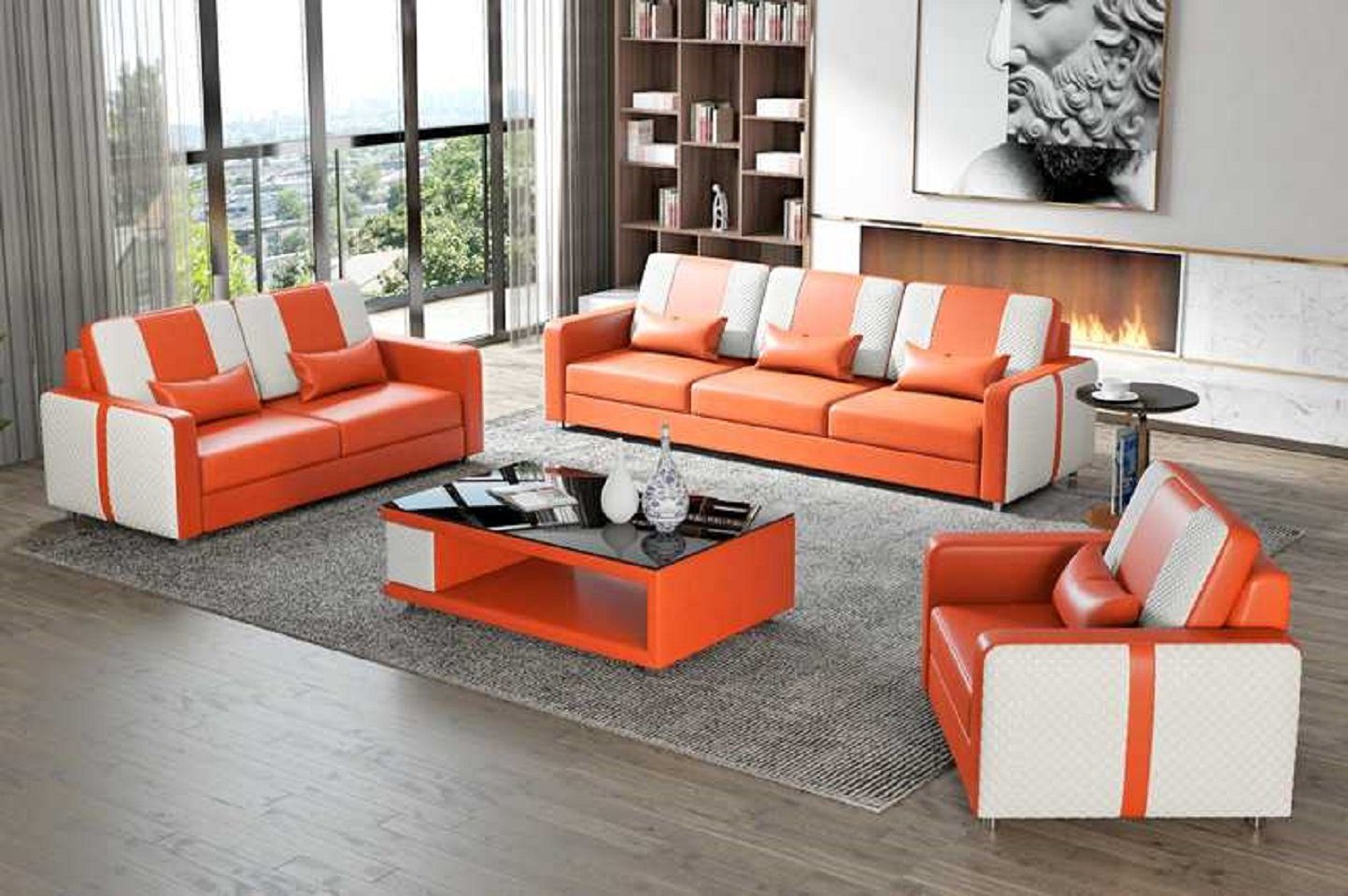 JVmoebel Wohnzimmer-Set Komplette Sofa Sofagarnitur Luxus Couchgarnitur Kunstleder 321, (3-St., Nur Sofa 2+3 Sitzer + Sessel), Made in Europe Orange