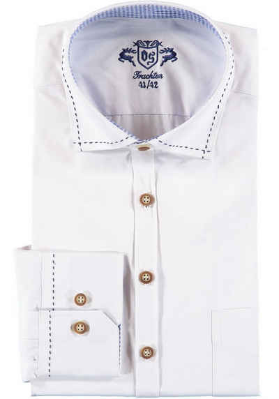 OS-Trachten Trachtenhemd Trachtenhemd weiß, blauer Zierstepp am Kragen innen blaues Karo