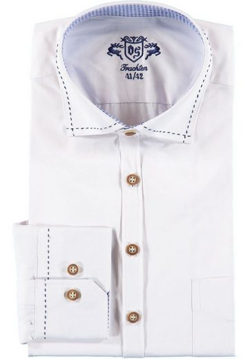 OS-Trachten Trachtenhemd »Herrentrachtenhemd weiß, blauer Zierstepp am Kragen, Kragensteg innen blaues Karo«