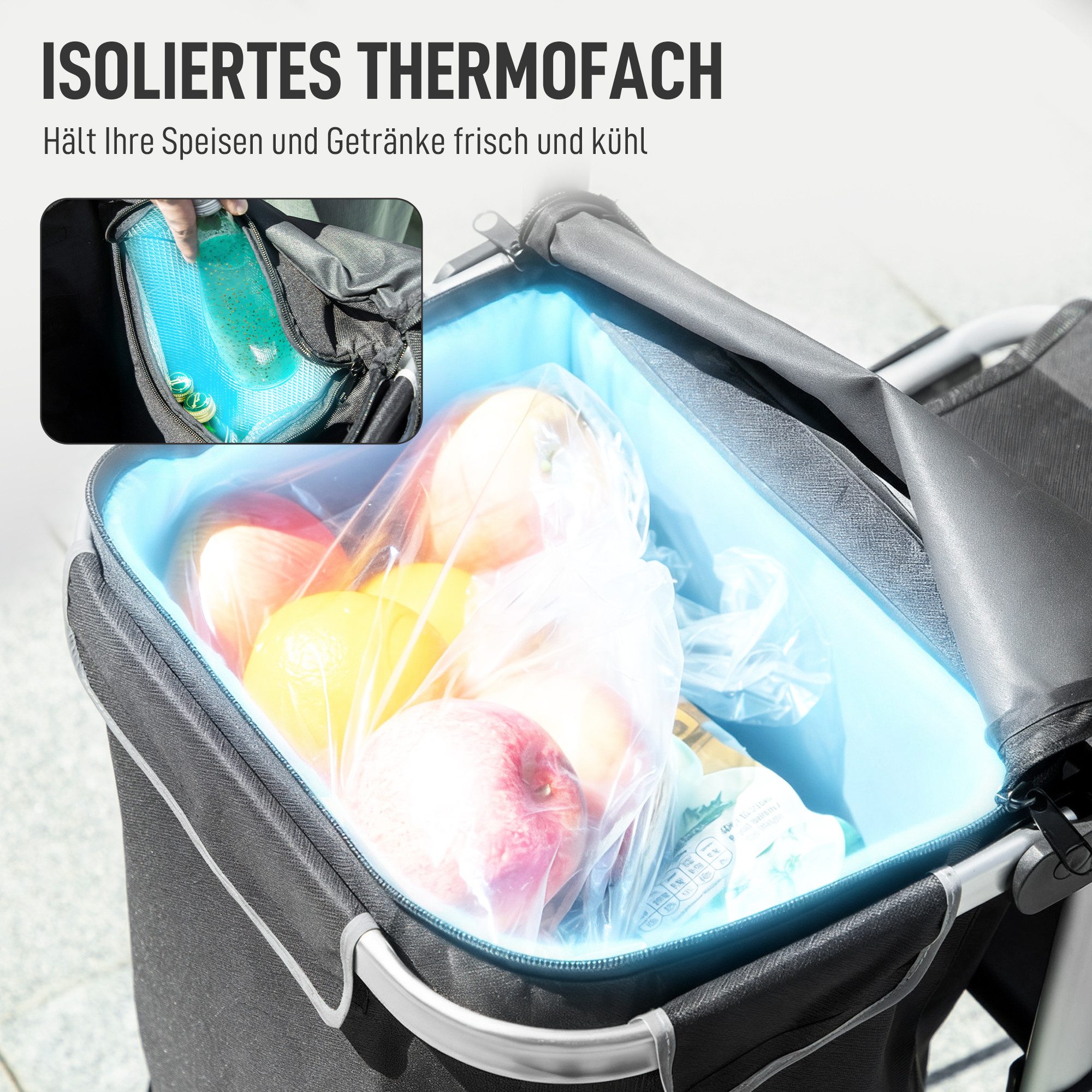 HOMCOM Einkaufstrolley 3-in-1 klappbar belastbar Trolley bis 25kg Einkaufswagen, 40 l, Aluminiumrahmen, Schwarz – Bild 5 von 5