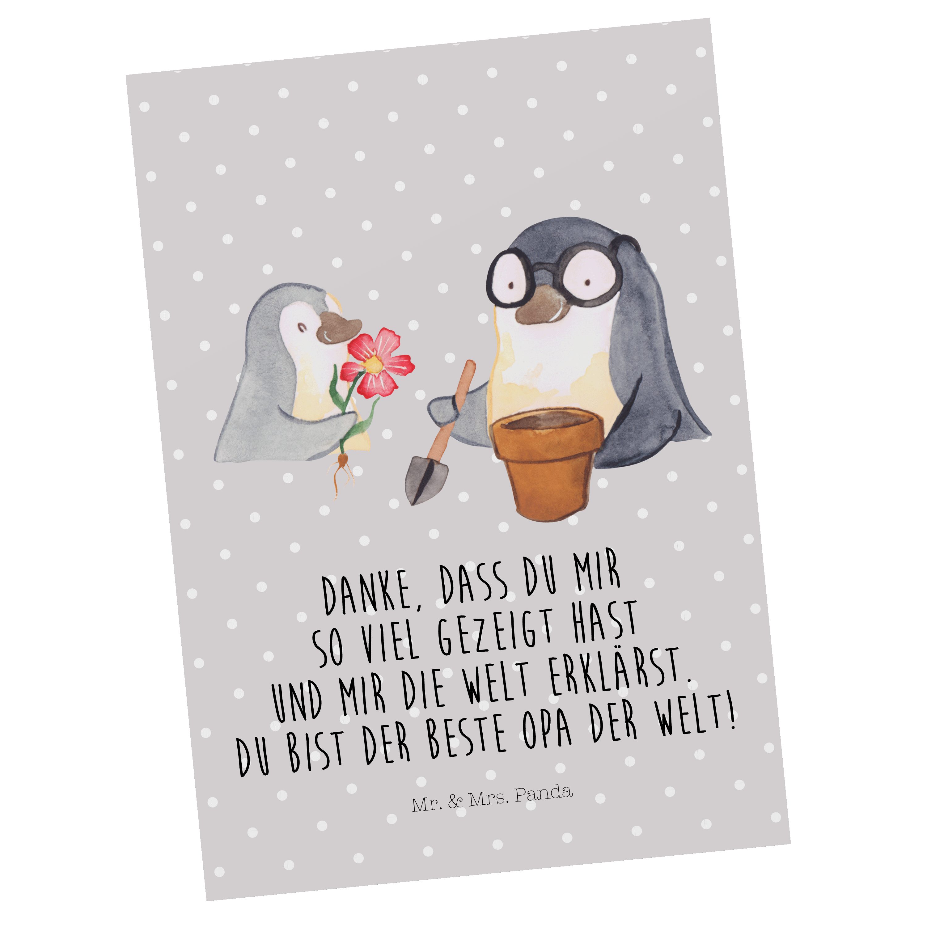 Mr. & Mrs. Panda Postkarte Pinguin Opa Blumen pflanzen - Grau Pastell - Geschenk, Geschenkkarte