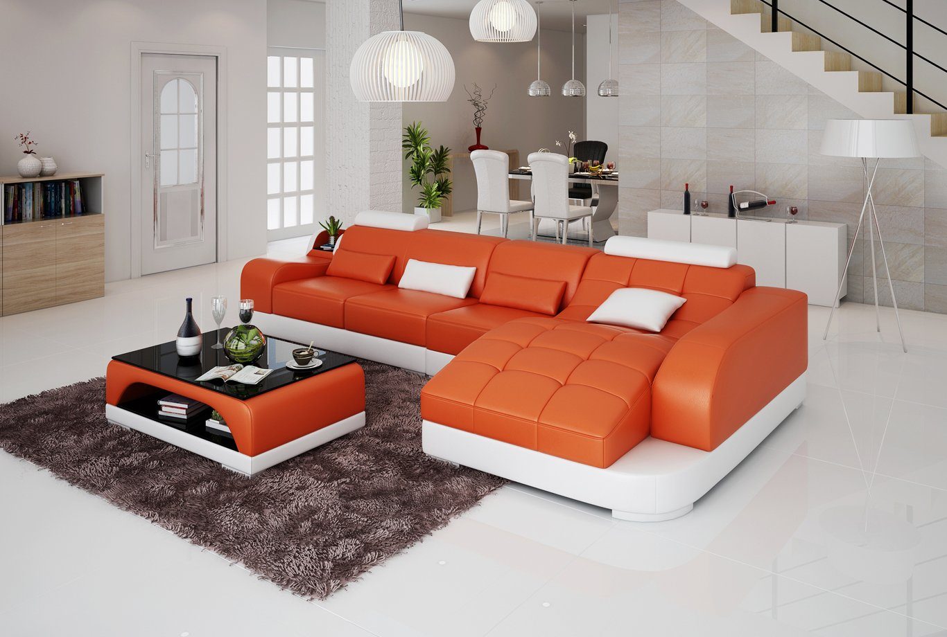 Wohnlandschaft Ecksofa Ecksofa Form in L Europe Stoff Made Orange/Weiß Design, Couch JVmoebel Garnitur
