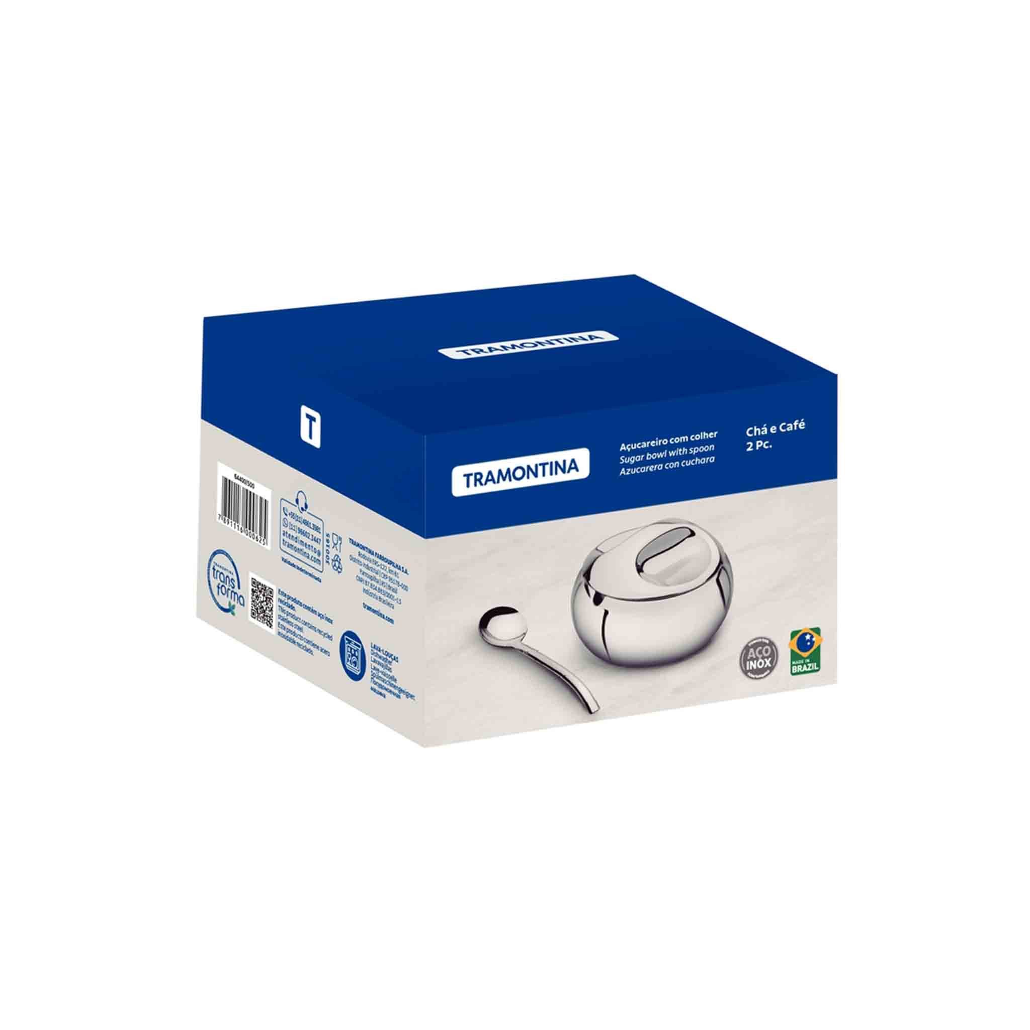 Tramontina Zuckerdose CHÁ E CAFÉ rostfreier Edelstahl, inkl. Löffel, Edelstahl, (1 x Zuckerdose, 1 x Löffel, 1 x Deckel), Spülmaschinenfest, rostfrei