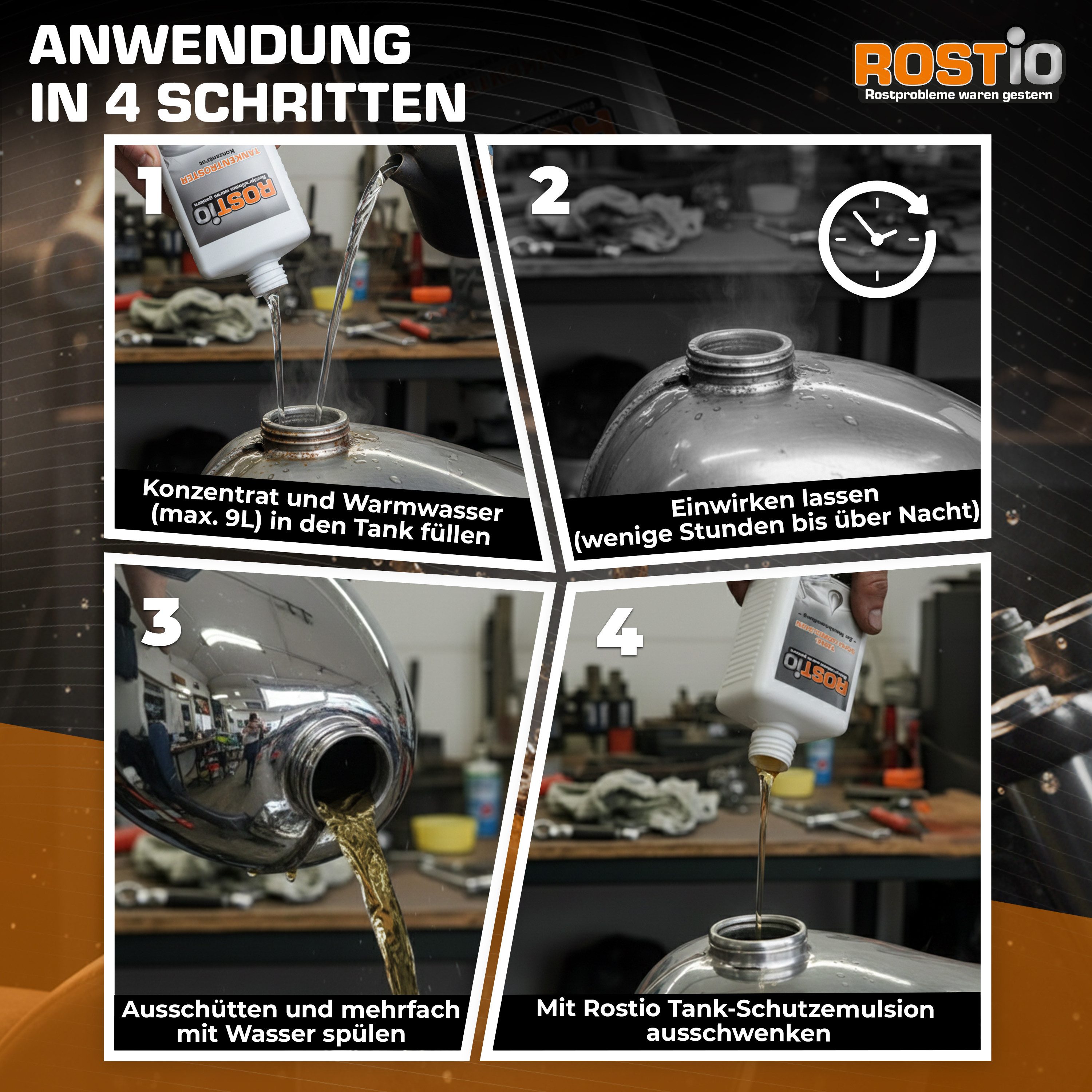 Rostio Tankentroster Set - 1 Liter Konzentrat + 500ml Tank Schutzemulsion Rostentferner