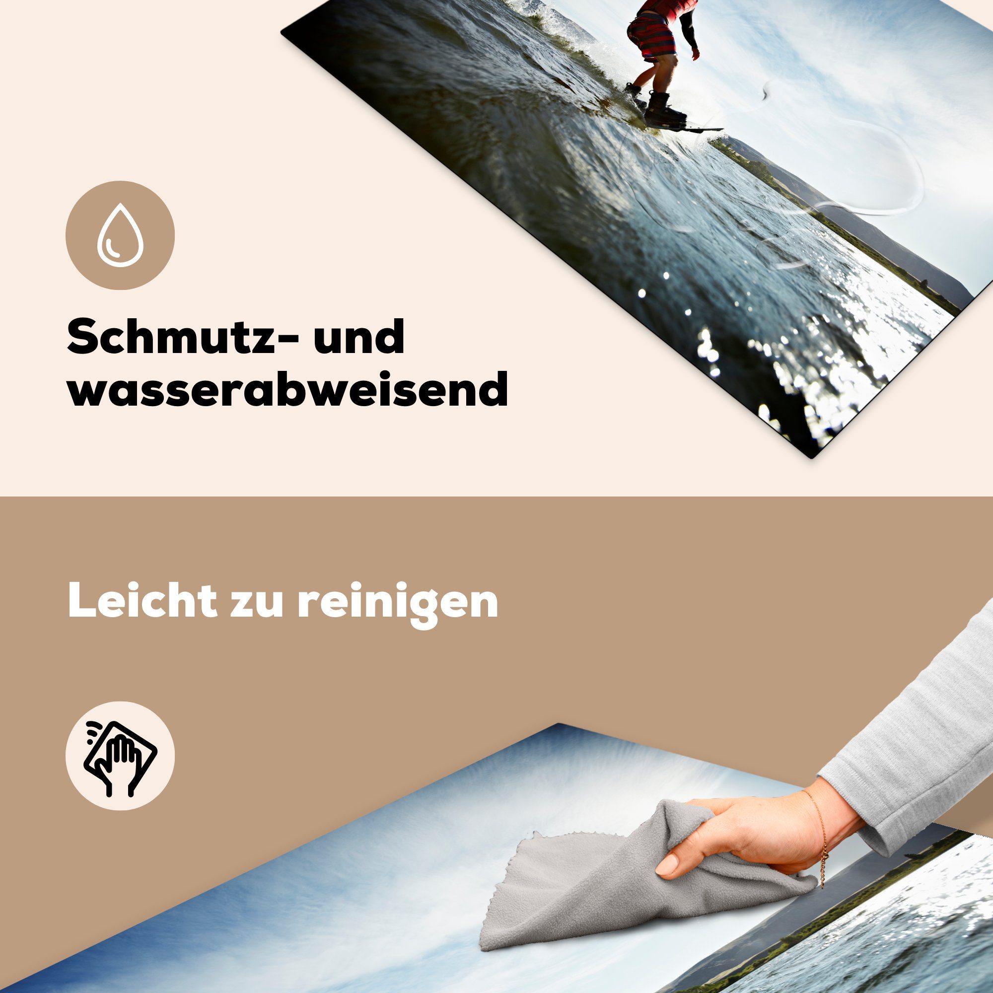 Schutz 81x52 tlg), Meerwasser, Mann Induktionskochfeld (1 Vinyl, für Ein küche, MuchoWow Ceranfeldabdeckung cm, Wakeboarden Herdblende-/Abdeckplatte die auf beim ruhigem