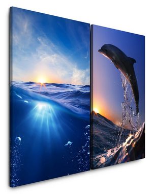 Sinus Art Leinwandbild 2 Bilder je 60x90cm Meer Wasser Delfin Paradies Unterwasser Süden Sonnenuntergang