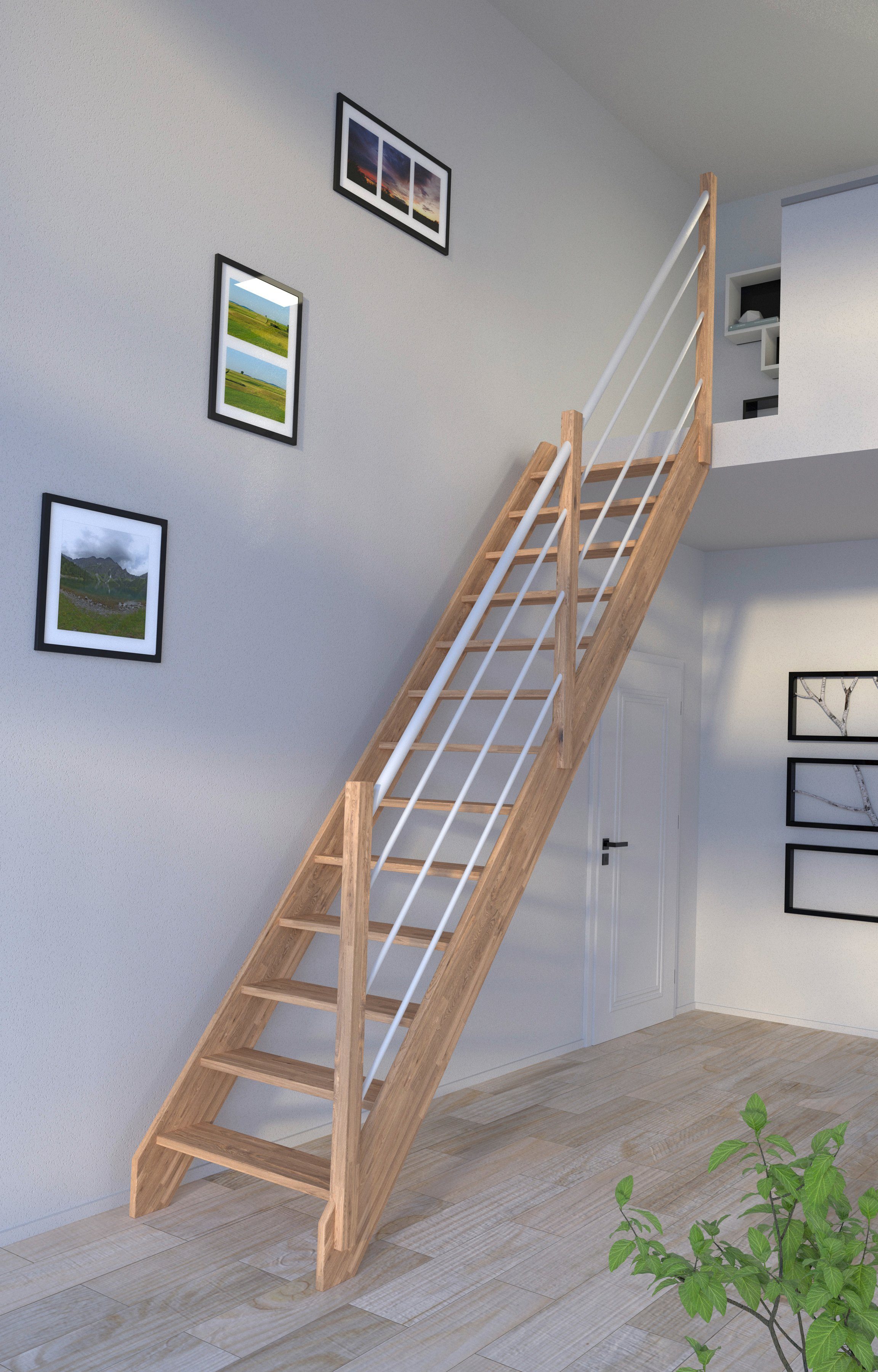 Rhodos, Weiß Starwood Durchgehende Holz-Edelstahl Stufen Raumspartreppe für bis Massivholz cm, 300 Wangenteile Geschosshöhen offen, Rechts,