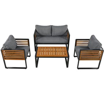 REDOM Gartenlounge-Set Gartenmöbel-Set mit Eisenrahmen, (1x2-Sitzer-Sofa, 2x Einzelstühle, 1x Tisch), Graue, dekorative Armlehnen aus Holz