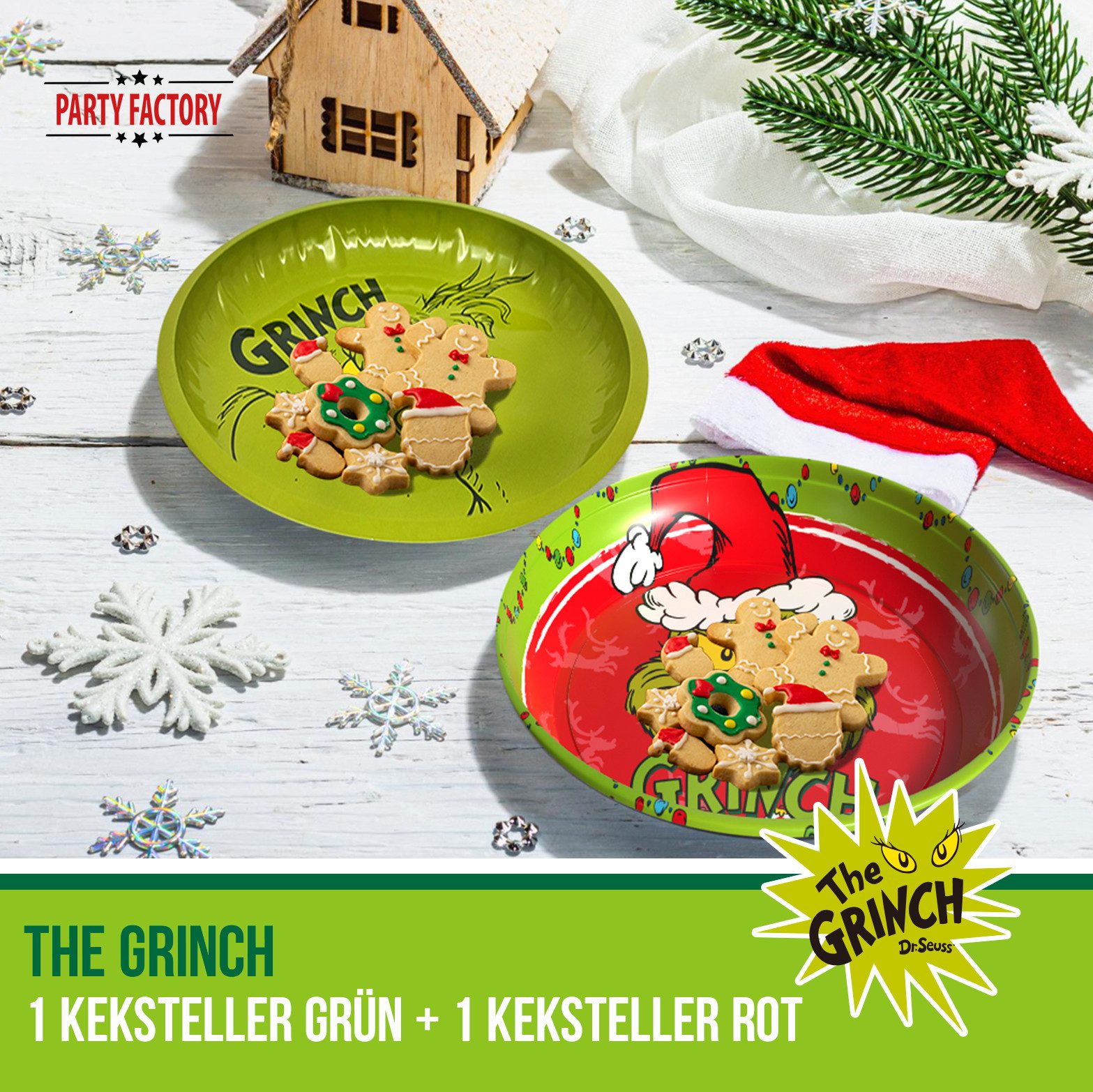 Party Factory Dekoteller The Grinch Keksteller Grün & Rot – 2-teiliges Set (2 St)