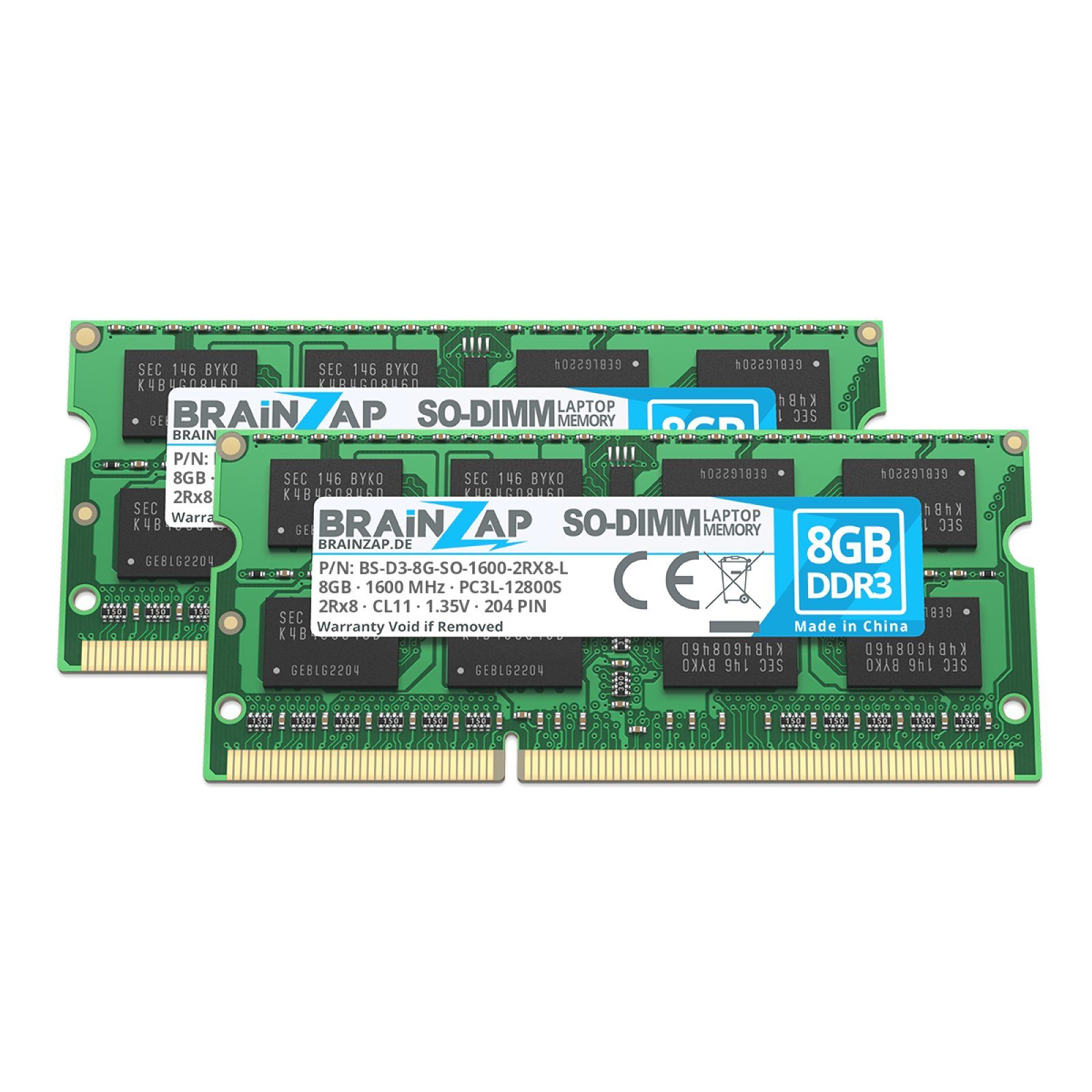 BRAINZAP 16GB (2x 8GB) RAM PC3L-12800S-11 SO-DIMM Laptop-Arbeitsspeicher (1600 MHz, CL11, 2Rx8, Non-ECC, Unbuffered, für Notebooks - Intel und)