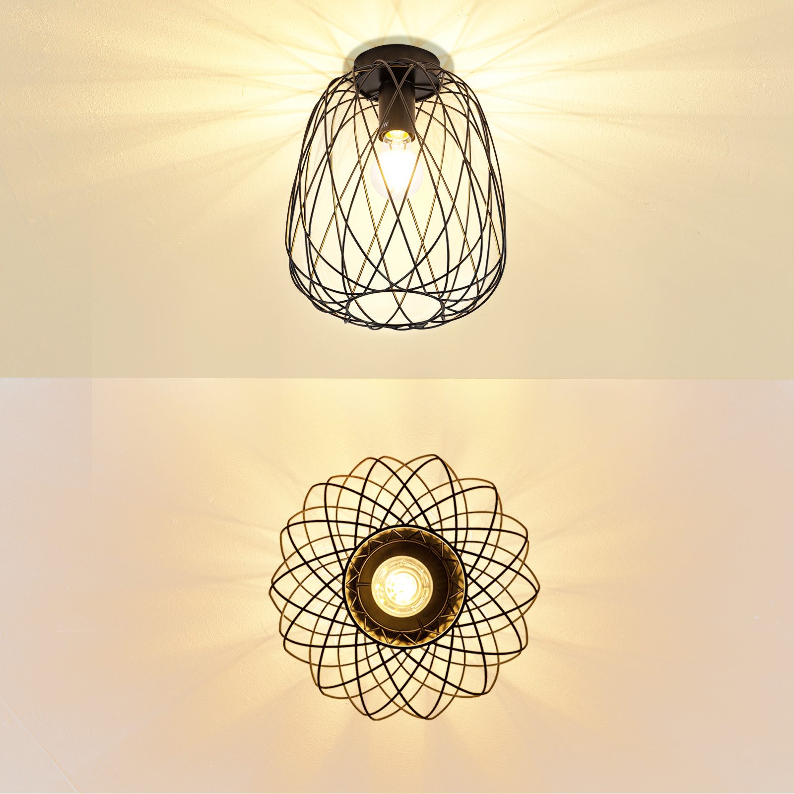 ZMH Deckenleuchte Ø 25cm Schwarz Vintage Deckenlampe Kaefig Gitter für Wohnzimmer Flur, ohne Leuchtmittel, 1Flammig E27 Metall Lampenschirm Deckenstrahler Korri – Bild 2 von 5