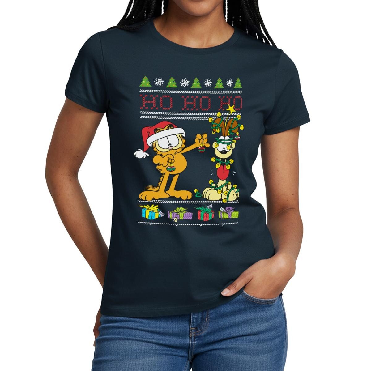 Spreadshirt T-Shirt Garfield Und Odie Hohoho Ugly Christmas Weihnachten Frauen T-Shirt (1-tlg) Slim Fit, fällt klein aus
