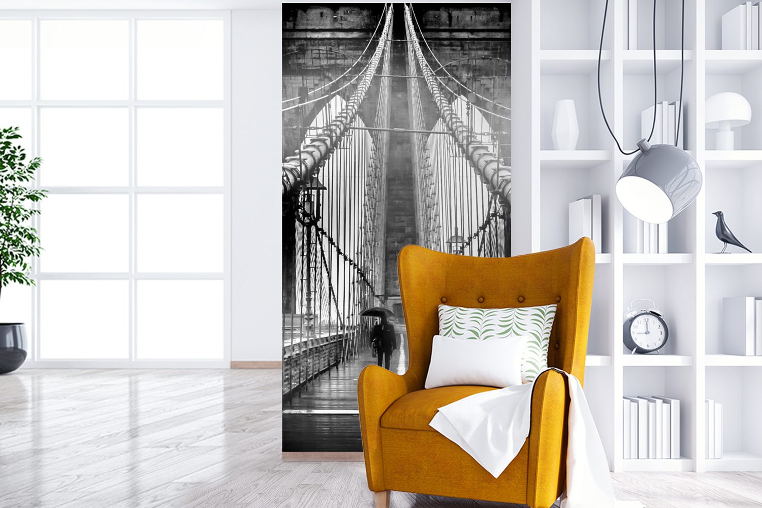 MuchoWow Fototapete Brooklyn Bridge während Fototapete des und für Regens Schlafzimmer bedruckt, Küche, Vliestapete St), Schwarz Wohnzimmer Matt, in (2 Weiß