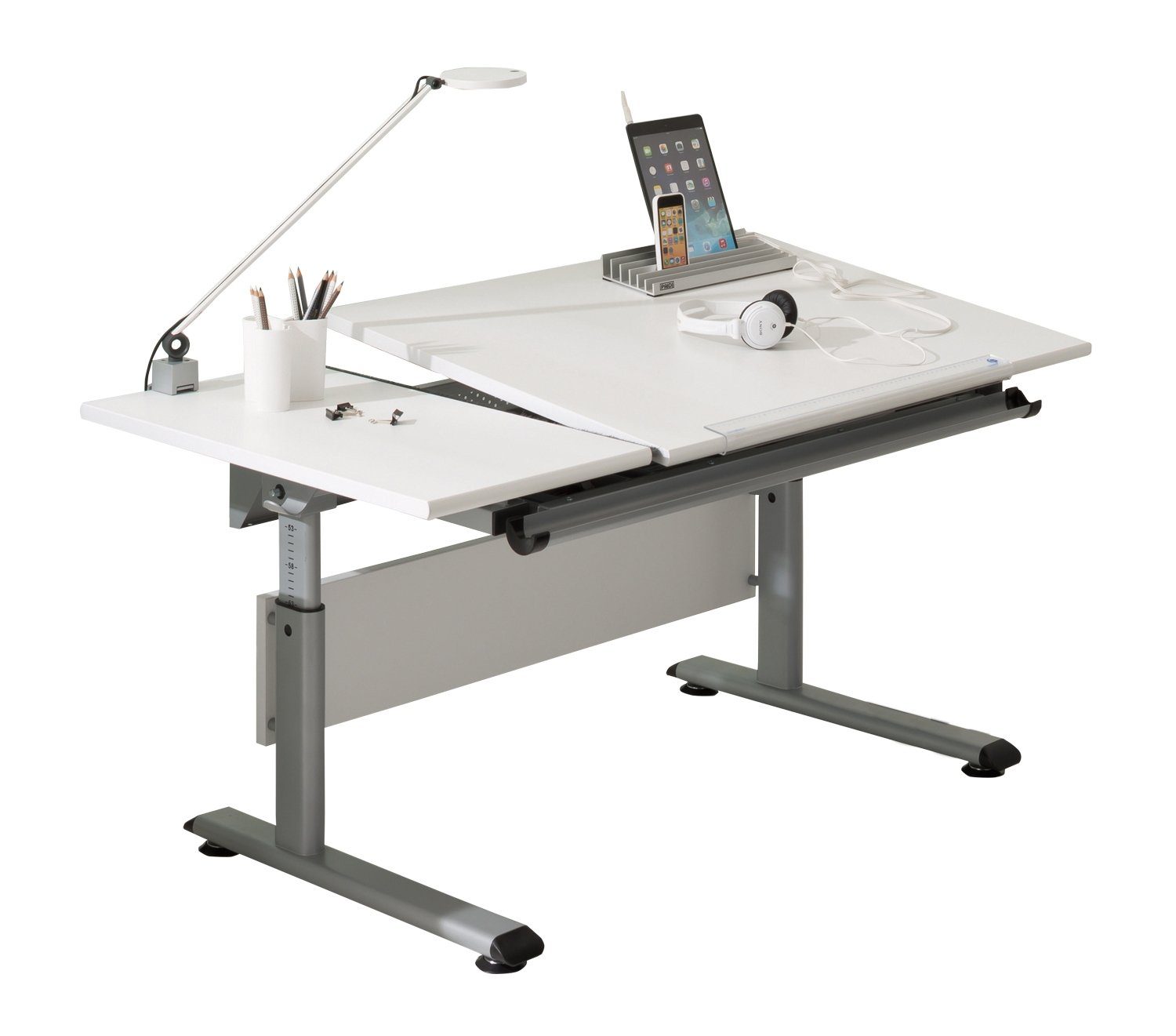 Schreibtisch MARCO, B 130 cm, Weiß, manuell höhenverstellbar und neigbar, mit Ablagemulde
