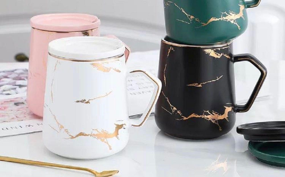 ZELLERFELD Tasse »Trendmax 2er Pack Kaffeetasse mit Deckel Marmor Tasse Becher mit Löffel Teetasse aus Porzellan«