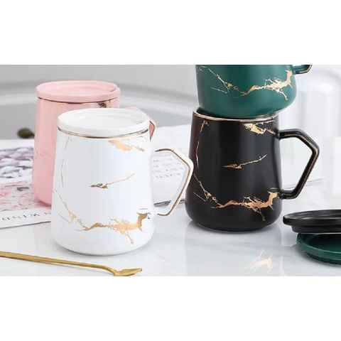ZELLERFELD Tasse Trendmax 2er Pack Kaffeetasse mit Deckel Marmor mit Löffel Porzellan