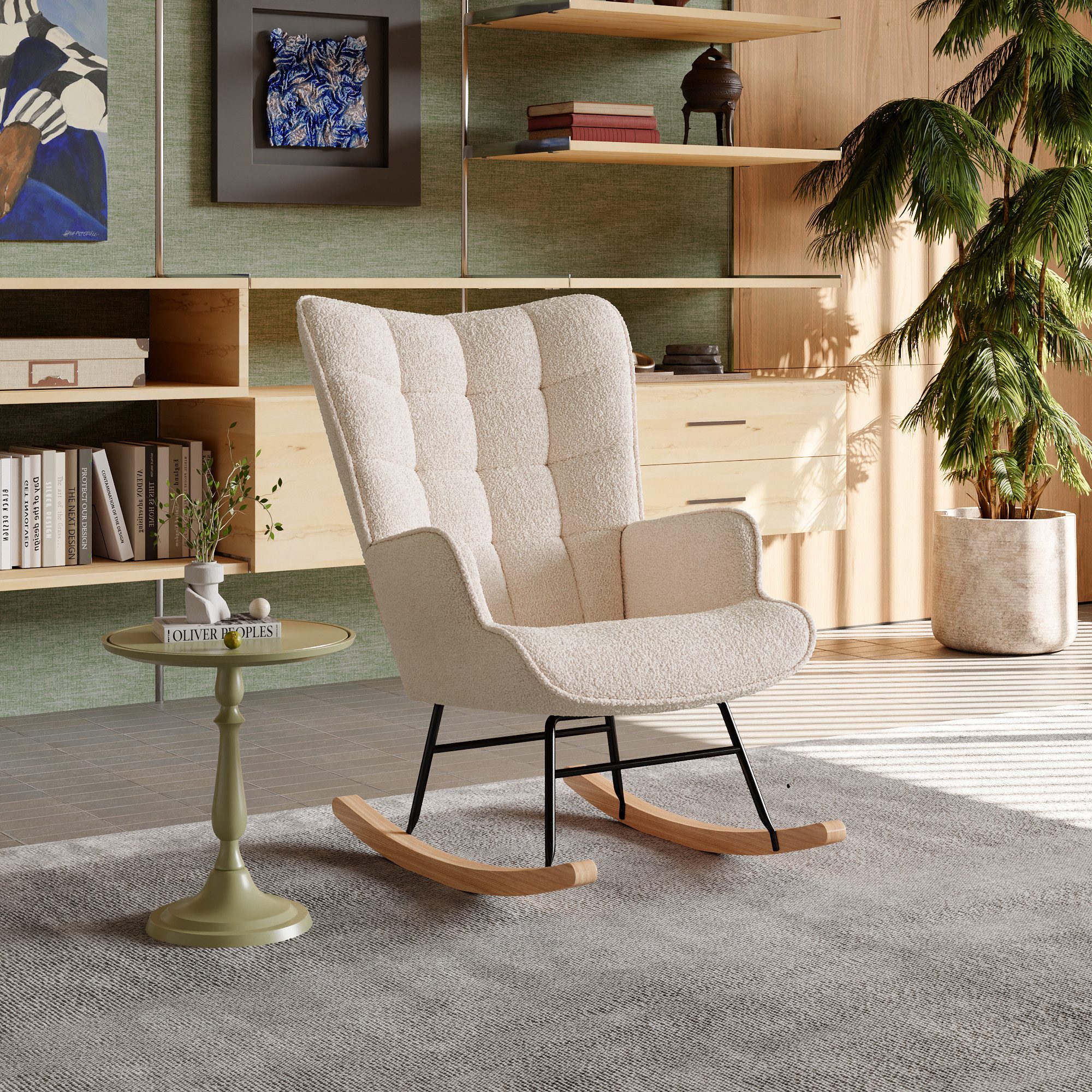 PXloue Schaukelstuhl Stillsessel Relaxsessel Loungesessel, Mit Holzkufen Wohnzimmersessel für Schlafzimmer Kinderzimmer,Teddysamt – Bild 5 von 5