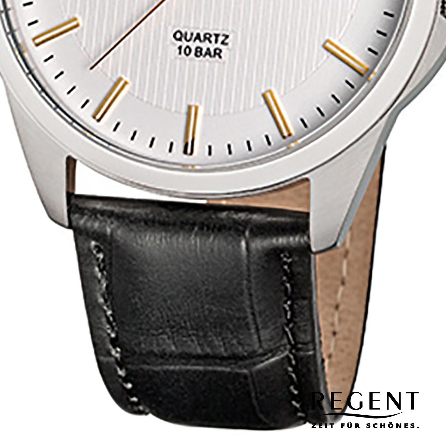 Regent Quarzuhr Regent Herren-Armbanduhr Analog, Herren rund, Armbanduhr schwarz Lederarmband (ca. mittel 39mm)