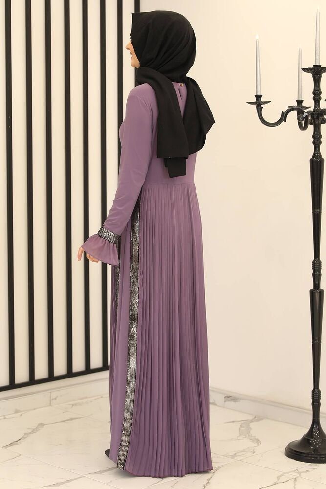 Modavitrini Maxikleid Damen Hijab Abendkleid Modest Abiye Rock Lila Abaya Fashion mit Pailletten Faltendetail