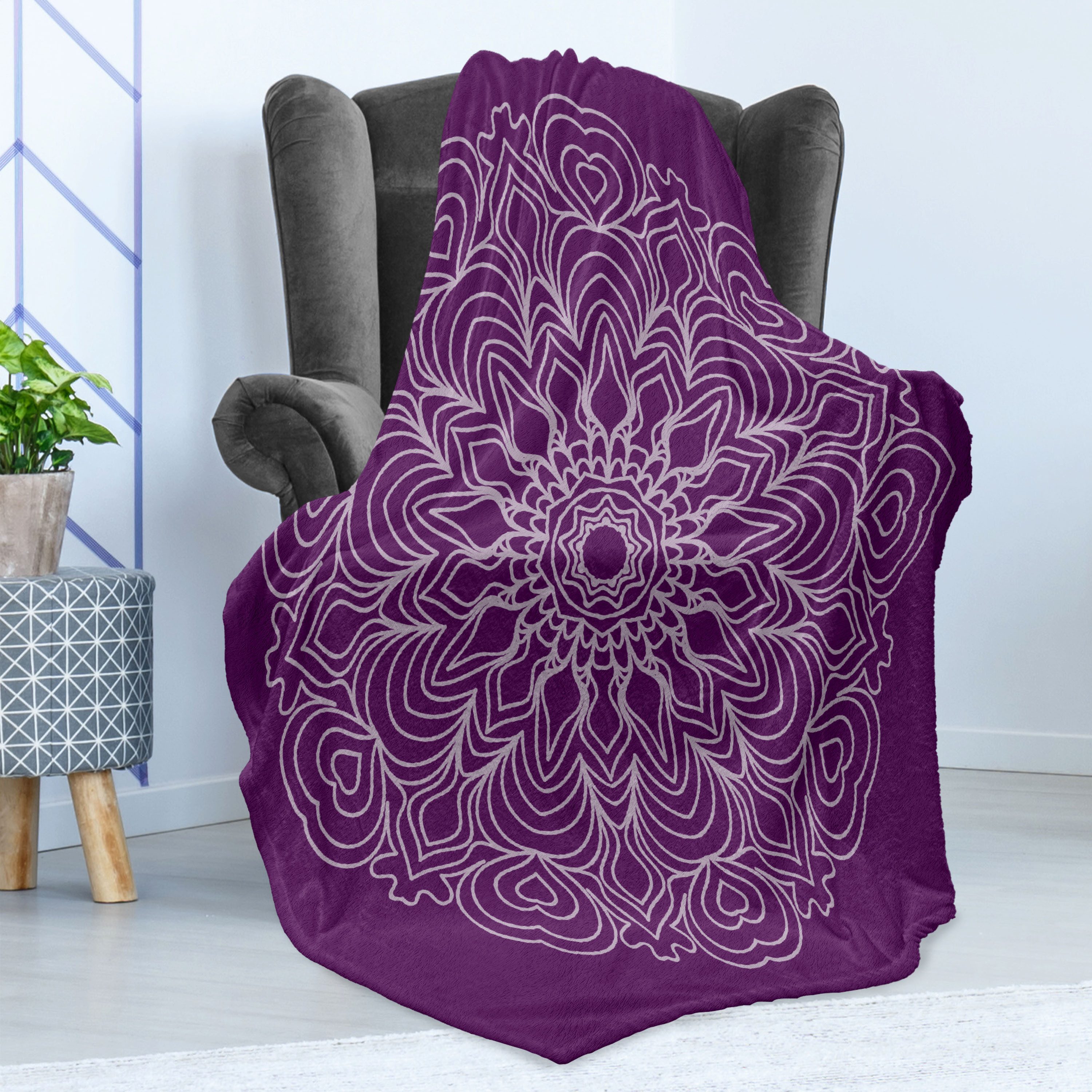 Wohndecke Gemütlicher Plüsch für den Innen- und Außenbereich, Abakuhaus, lila Mandala abstrakte Kurven