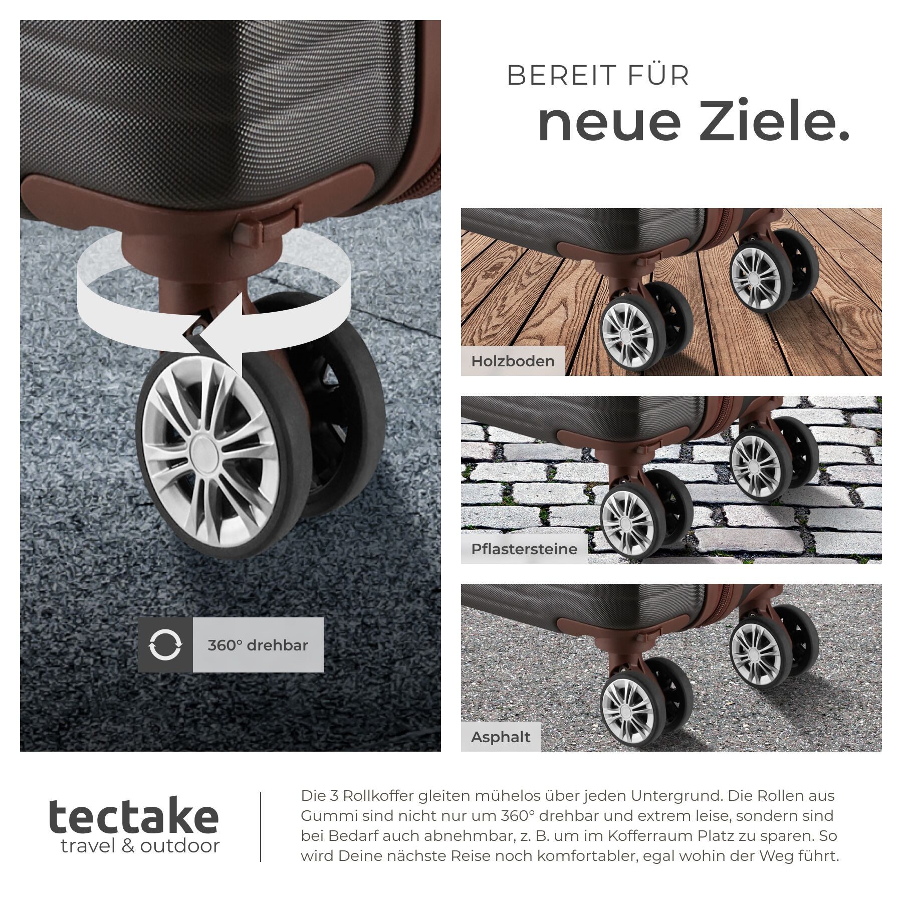 tectake Trolley Hartschalenkoffer-Set 13-tlg. robuster ABS-Kunststoff mit, 4 Rollen, TSA-Sicherheitszahlenschloss, 360° drehbare, abnehmbare Doppelrollen