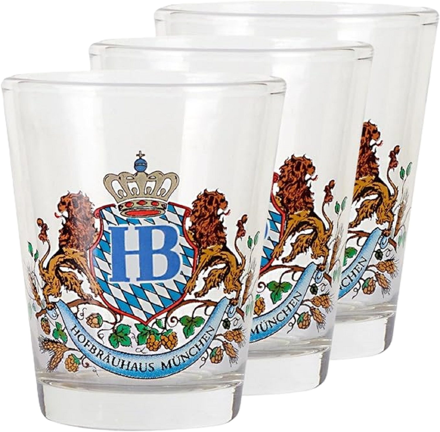 Hofbräuhaus München Schnapsglas, Schnapsglas-Set Löwendekor 0,04 l, Glas, 3-teiliges Set
