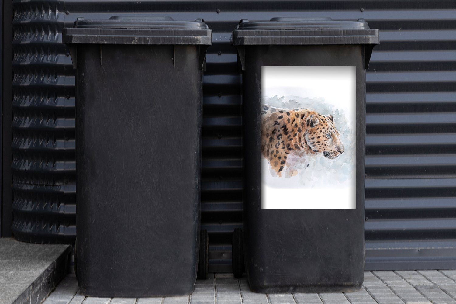 MuchoWow Wandsticker Leopard Container, St), - Mülltonne, Abfalbehälter Aquarell Tiere Mülleimer-aufkleber, (1 Sticker, 