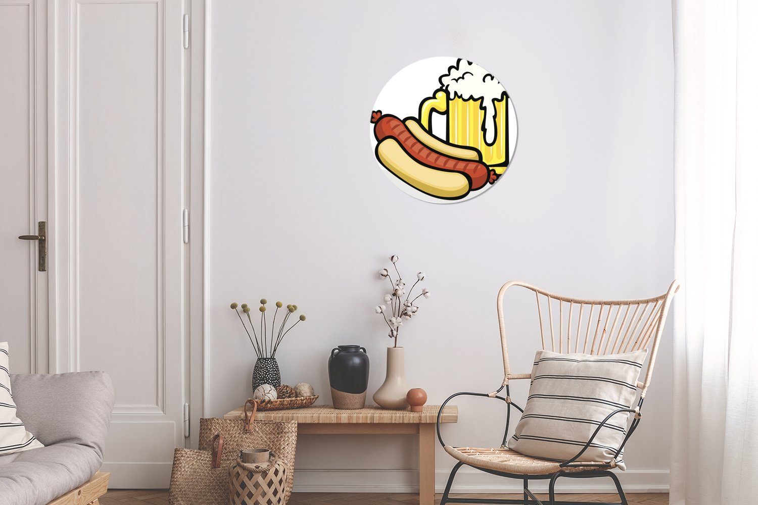 MuchoWow Wandsticker Illustration eines Bieres Rund, mit Wohnzimmer St), für Kinderzimmer, Tapetenaufkleber, Tapetenkreis (1 Bratwurstsandwich