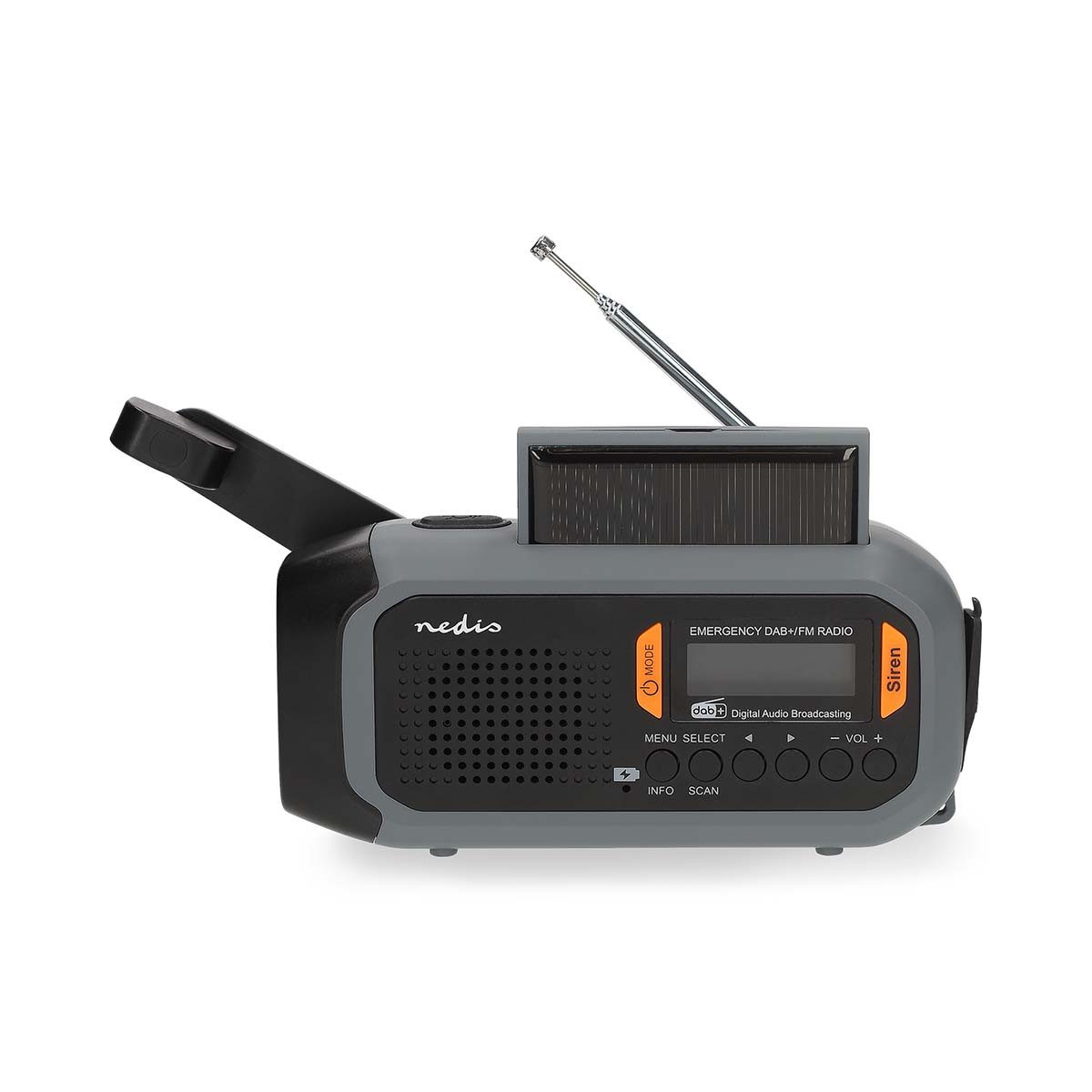 Nedis RDDBCR2600GY Notfallradio (DAB+ Radio,FM Radio, 8 W, DAB+/FM, Solar Power, Handkurbel, LED-Taschenlampe, SOS-Alarm)