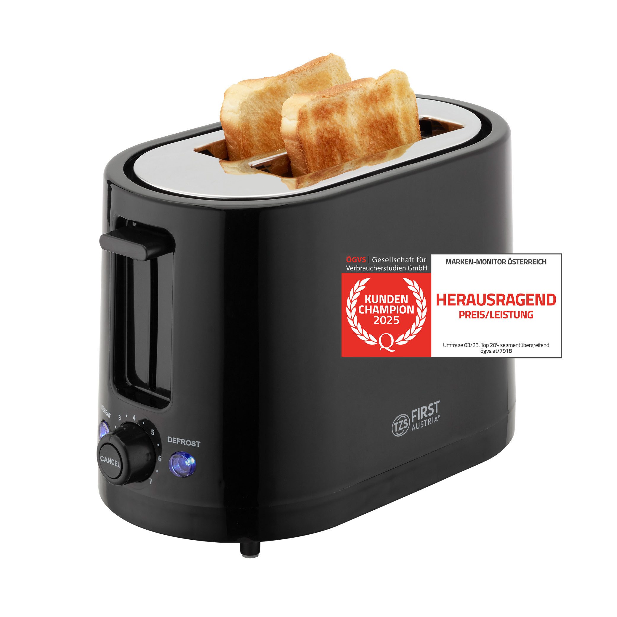 TZS FIRST AUSTRIA Toaster 750W, 2 Scheiben, 7 Stufen, schwarz, für 2 Scheiben, 0 W, Warmhalte- und Auftaufunktion, inkl. Krümelschale