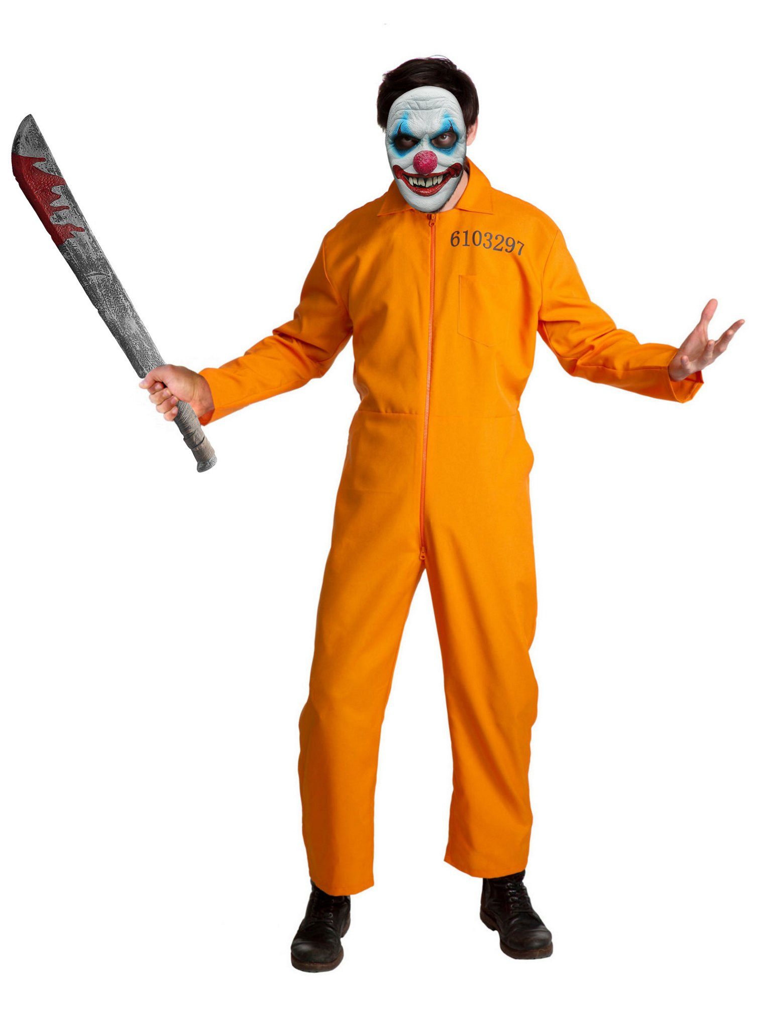 Maskworld Clown-Kostüm Killer Häftling Horror Clown Kostüm, Das gruselige Knastkiller Halloween Kostüm