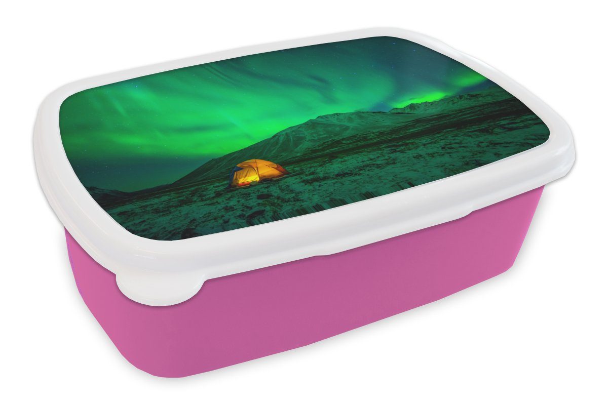 MuchoWow Lunchbox Brotbox Mädchen, für - Berg, Brotdose Erwachsene, Kunststoff Kinder, Snackbox, (2-tlg), rosa Kunststoff, - Zelt Nordlichter