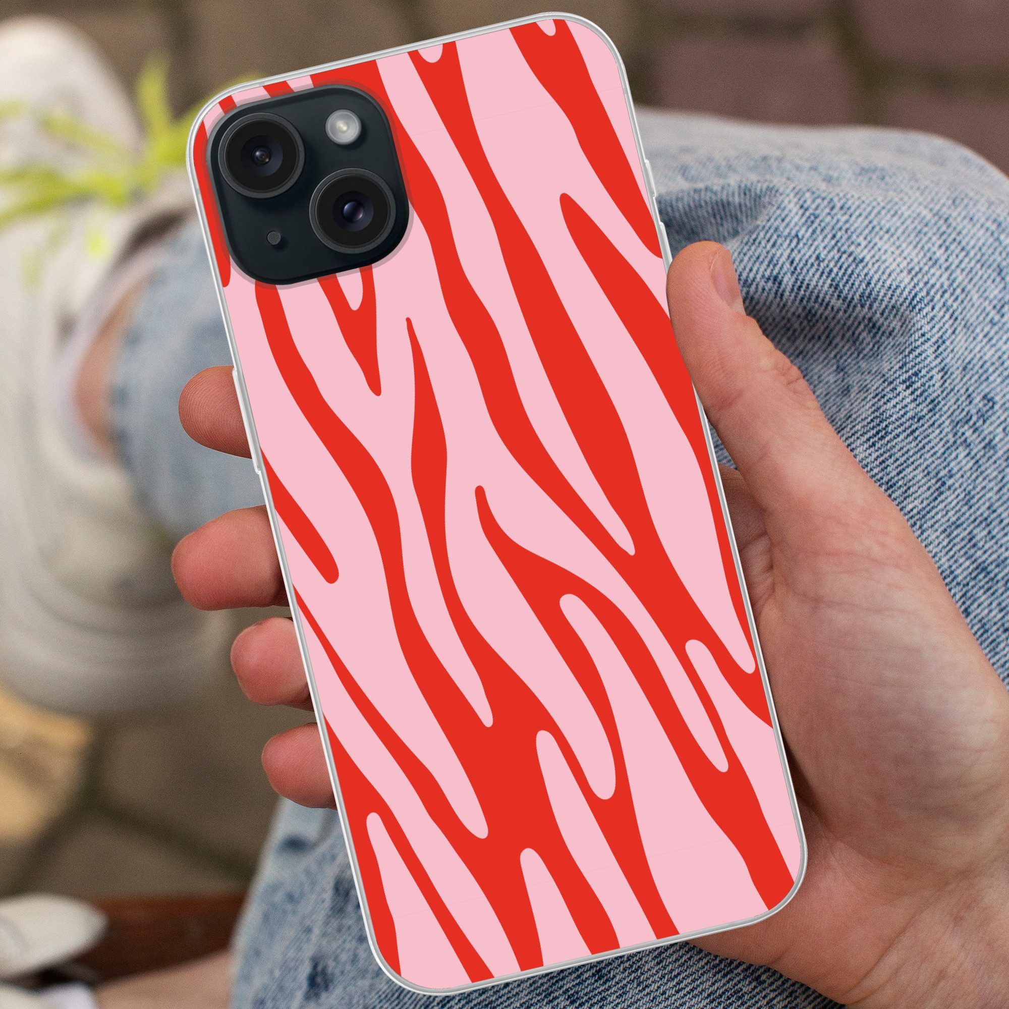 MuchoWow Handyhülle für Apple iPhone 15 Plus Zebramuster - Rosa - Rot - Tiermuster, Smartphone-Bumper, Print, Handy Schutzhülle Dünn