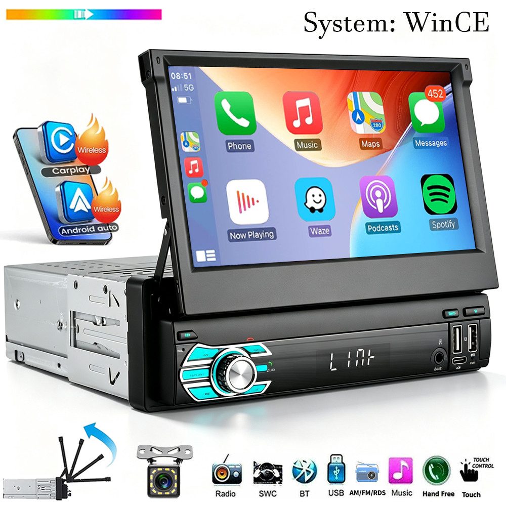 ESSGOO Autoradio 1 DIN 7" WinCE Flip Bildschirm Touchscreen Carplay BT RDS Navigationsgerät